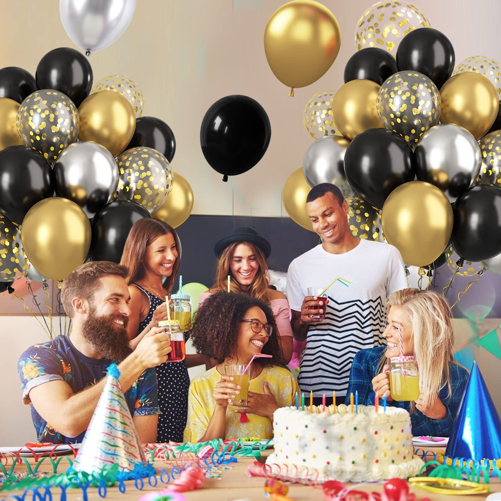 Paready Black and Gold Confetti Balloons – 60+2 Pcs 12in Latex Party Balloons with Ribbons
