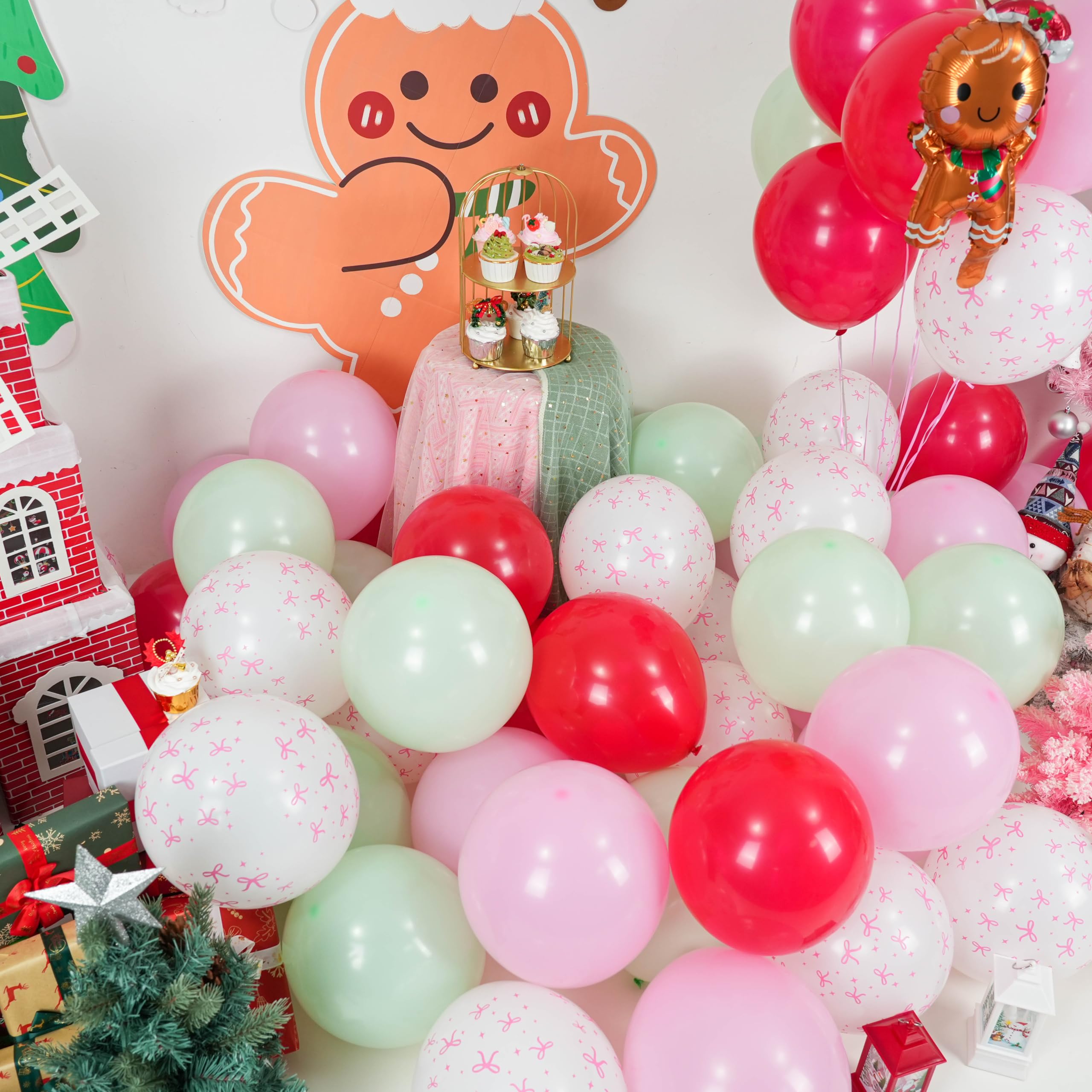 Paready Christmas Balloons 60pcs Pastel Pink, Green & Red with Gingerbread Man Foil