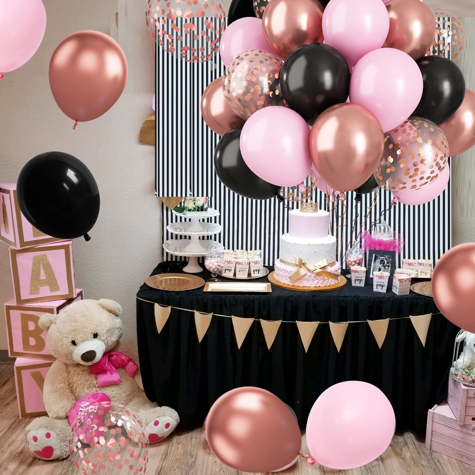Paready Black Pink Latex Balloons – 60 Pcs, 12-Inch, Metallic Rose Gold & Confetti Set for Party Decor