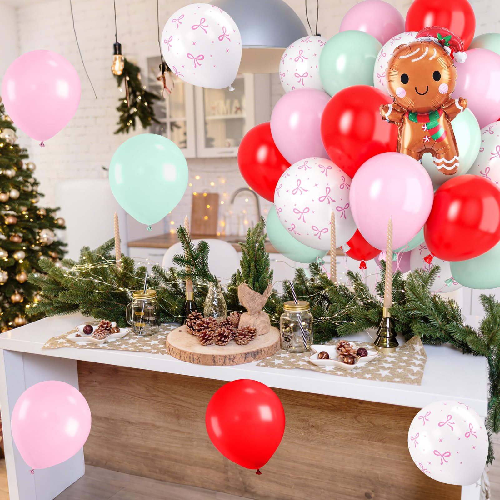 Paready Christmas Balloons 60pcs Pastel Pink, Green & Red with Gingerbread Man Foil