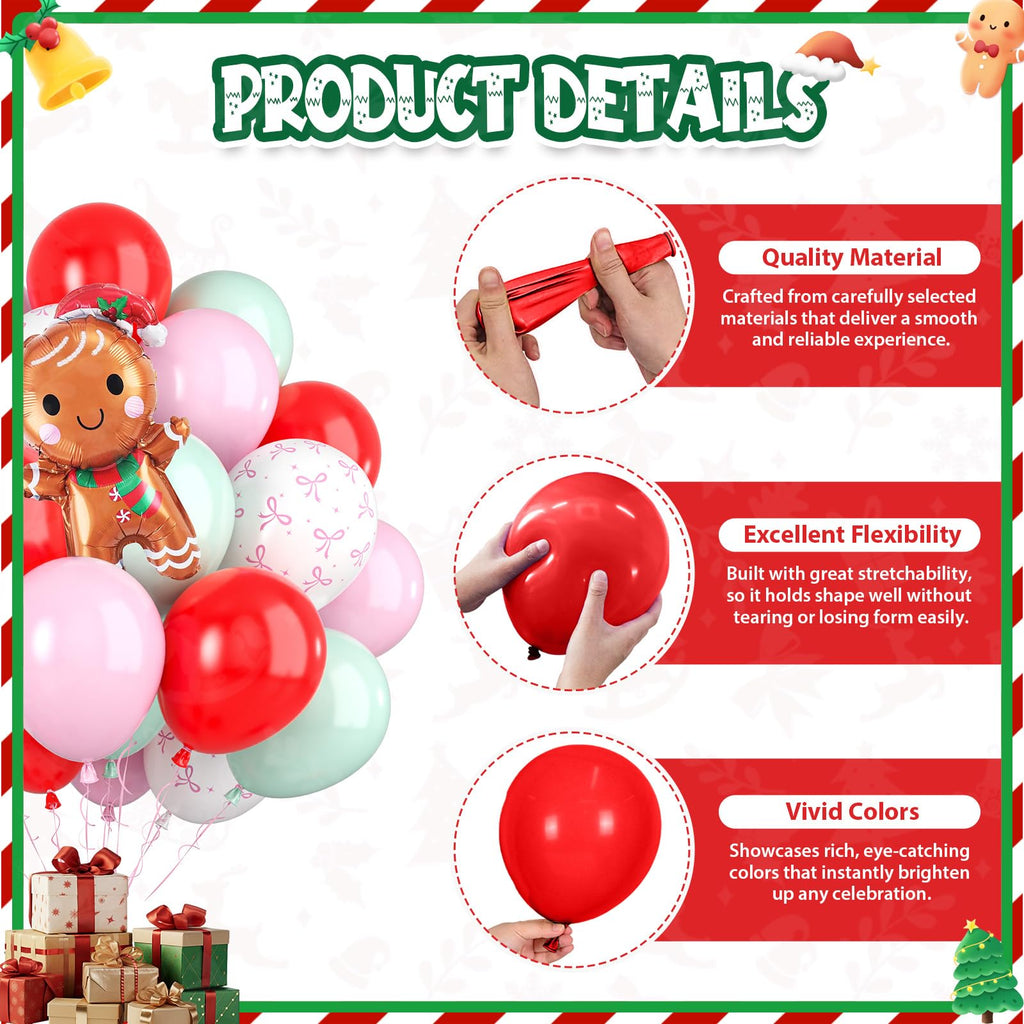 Paready Christmas Balloons 60pcs Pastel Pink, Green & Red with Gingerbread Man Foil
