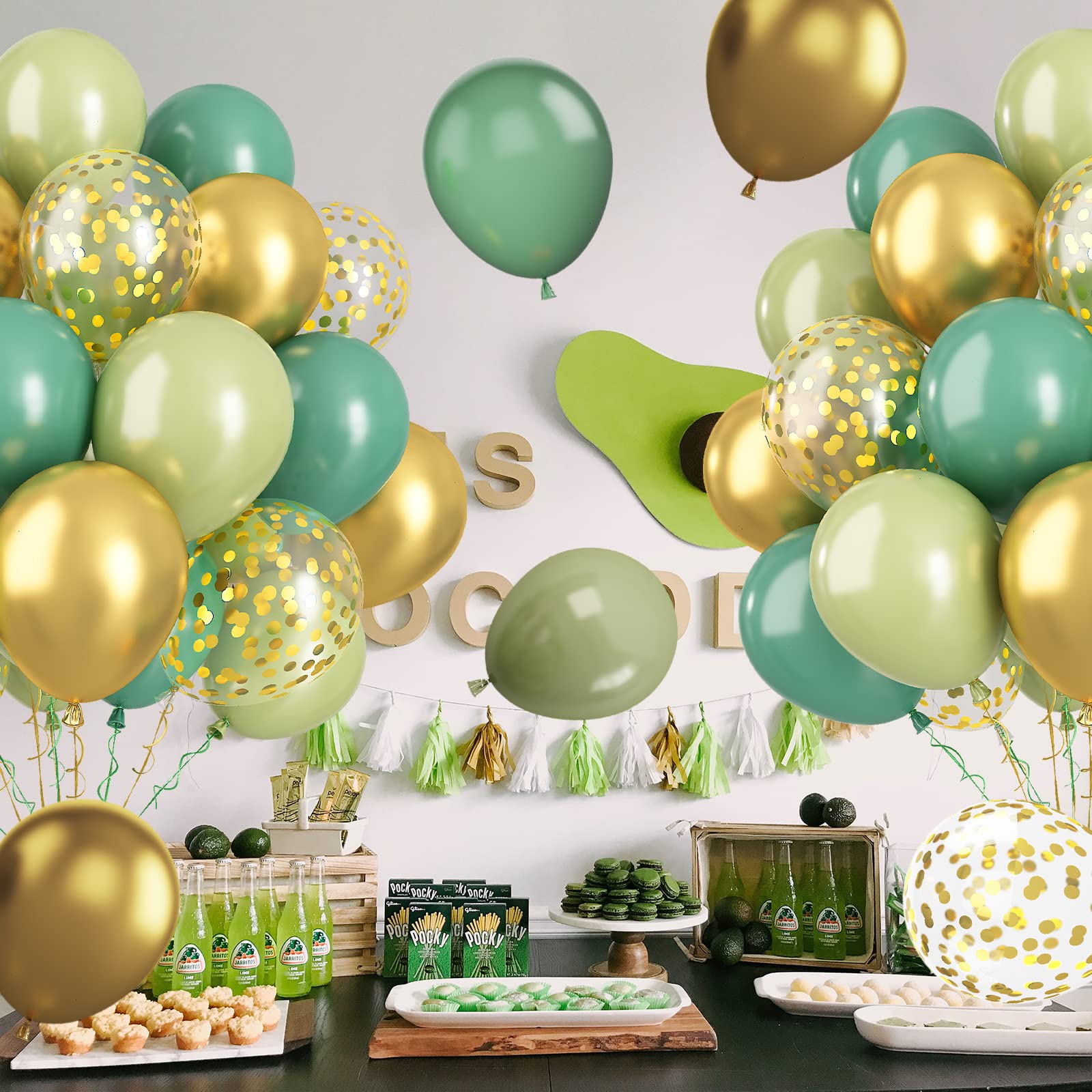 Paready Sage Green & Gold Balloons – 62 Pcs Confetti & Ribbon Set