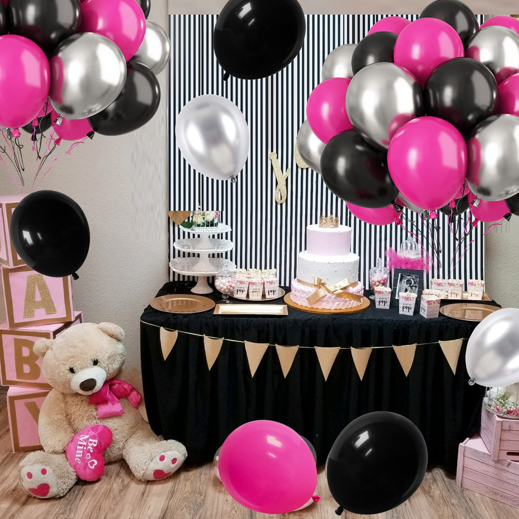 Paready Hot Pink & Black Balloons – 32 Latex Balloons with Ribbons for Parties