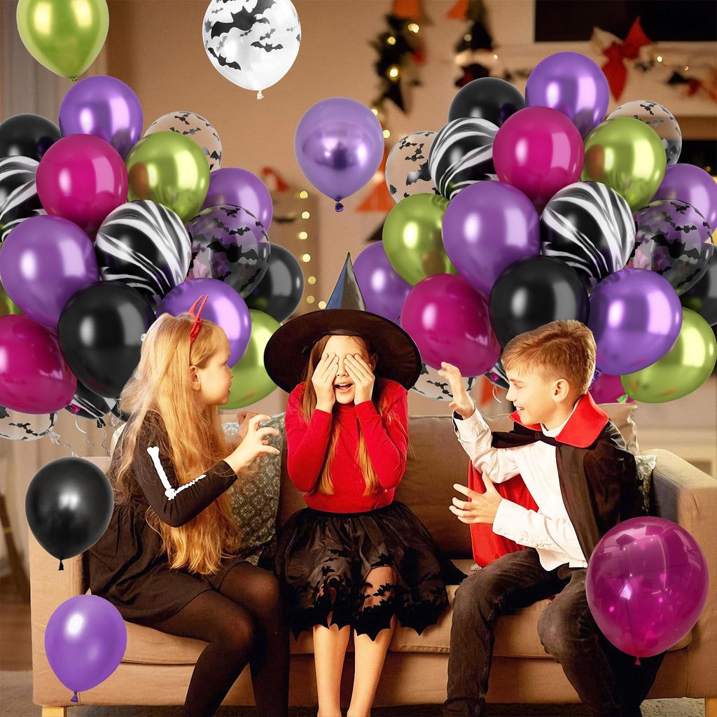 Paready Halloween Balloons Set – 60 Pcs Hot Pink, Black, Green & Purple Metallic Balloons with Bat Print
