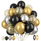 Paready Black and Gold Confetti Balloons – 60+2 Pcs 12in Latex Party Balloons with Ribbons