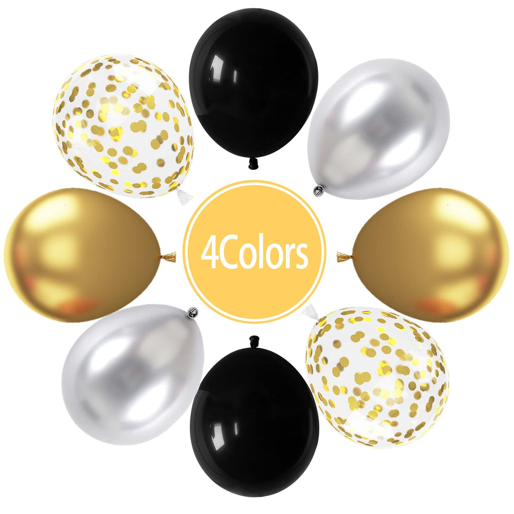 Paready Black and Gold Confetti Balloons – 60+2 Pcs 12in Latex Party Balloons with Ribbons