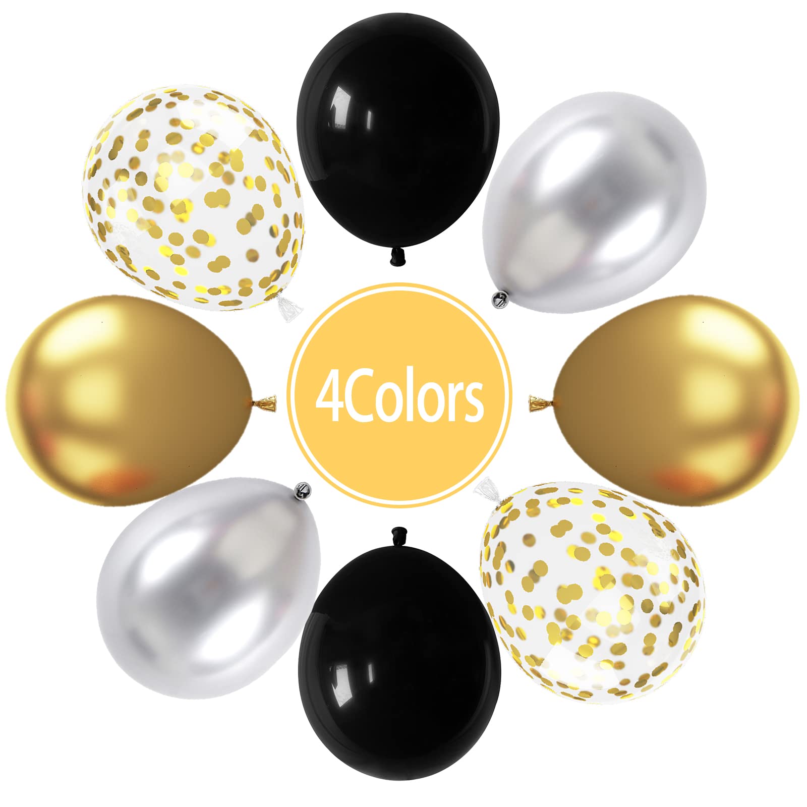 Paready Black and Gold Confetti Balloons – 60+2 Pcs 12in Latex Party Balloons with Ribbons