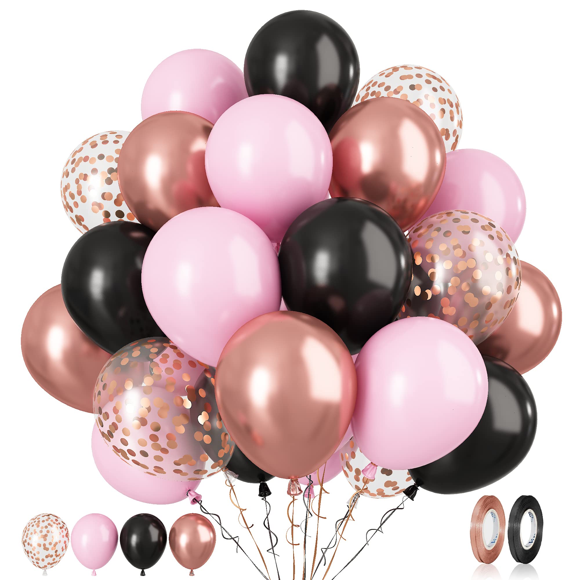 Paready Black Pink Latex Balloons – 60 Pcs, 12-Inch, Metallic Rose Gold & Confetti Set for Party Decor