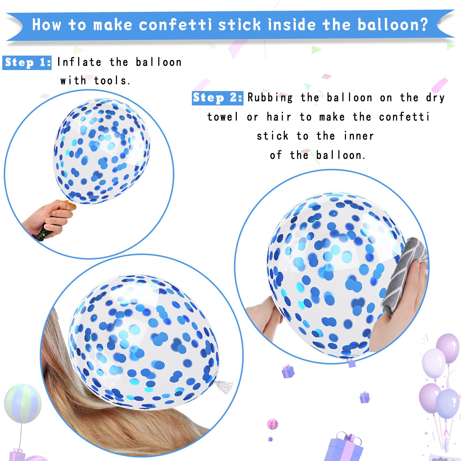Paready 62-Piece Blue Balloons Set – 12in Latex in Macaron, Pearl, Metallic & Confetti for Baby Shower, Birthday, Wedding