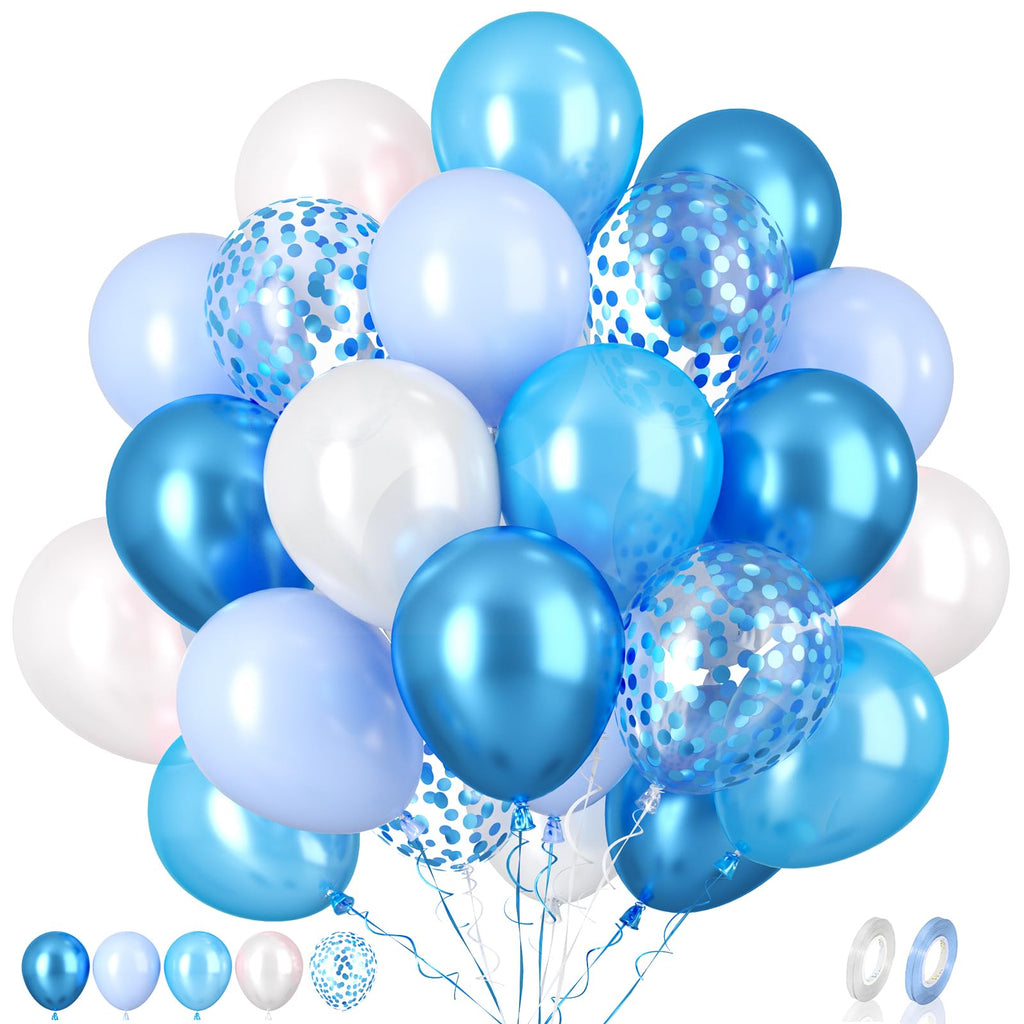 Paready 62-Piece Blue Balloons Set – 12in Latex in Macaron, Pearl, Metallic & Confetti for Baby Shower, Birthday, Wedding
