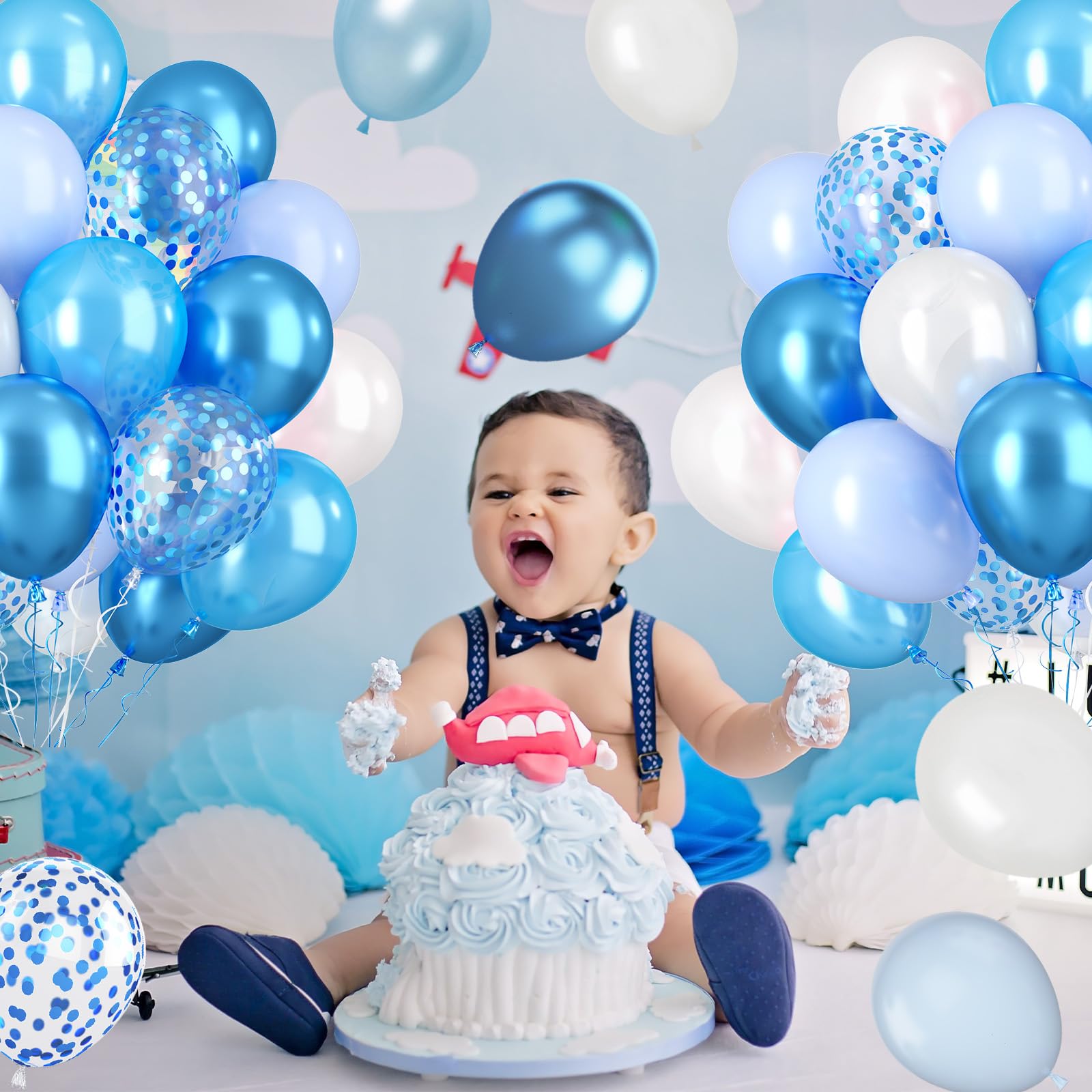 Paready 62-Piece Blue Balloons Set – 12in Latex in Macaron, Pearl, Metallic & Confetti for Baby Shower, Birthday, Wedding