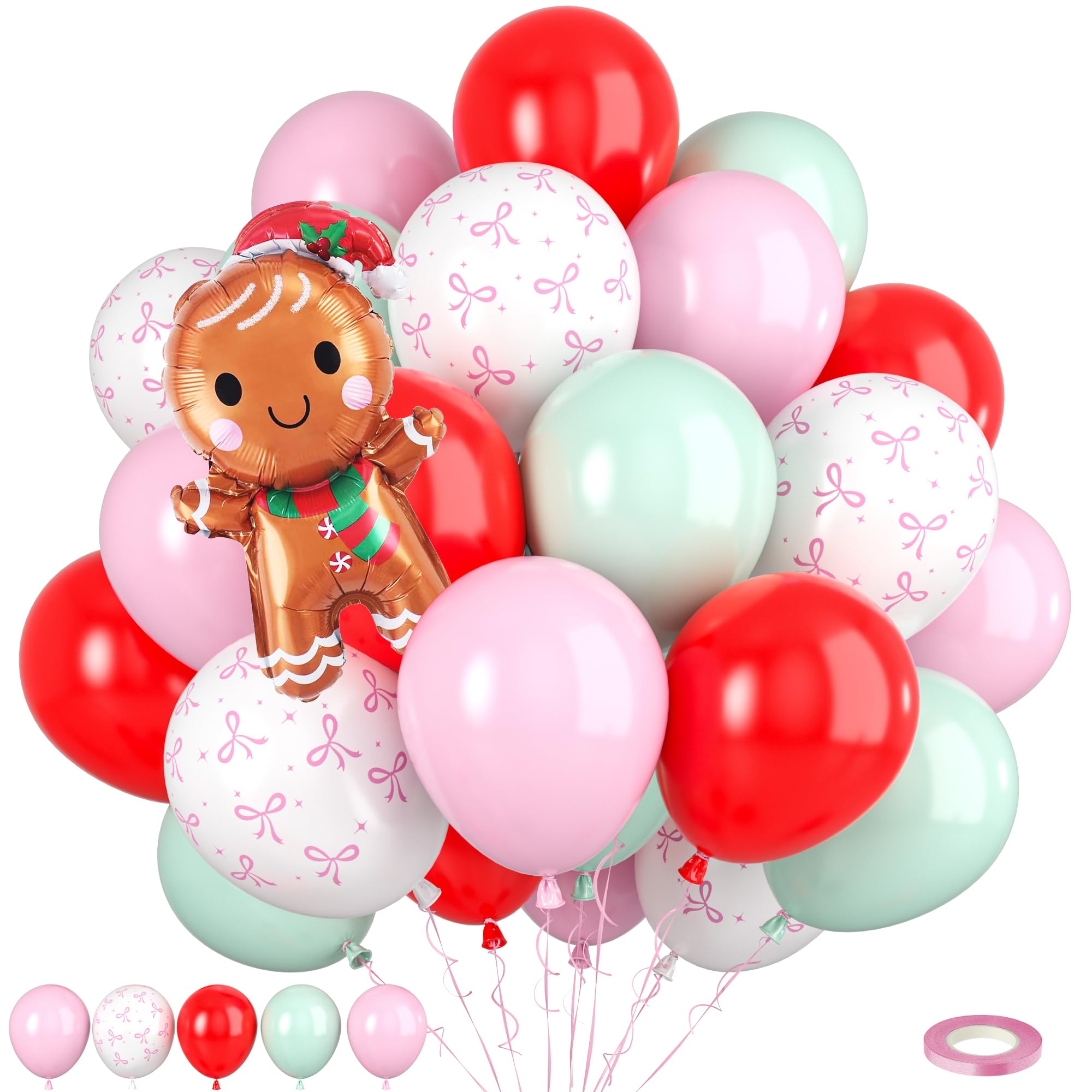 Paready Christmas Balloons 60pcs Pastel Pink, Green & Red with Gingerbread Man Foil