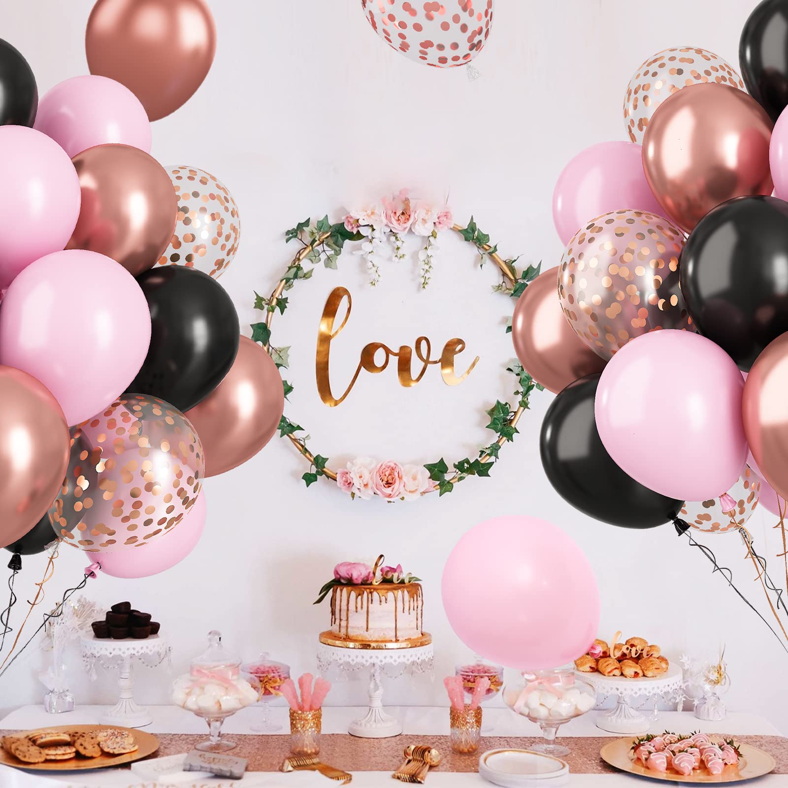 Paready Black Pink Latex Balloons – 60 Pcs, 12-Inch, Metallic Rose Gold & Confetti Set for Party Decor