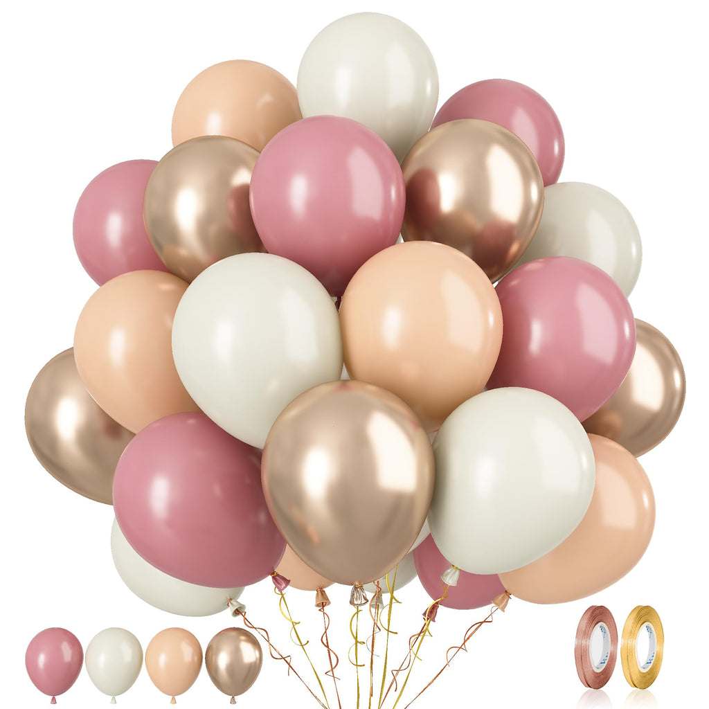 Paready Dusty Pink Latex Balloons – 60 Pcs, 12 Inch Nude, Dusty Pink, Sand White & Champagne Gold for Weddings & Parties