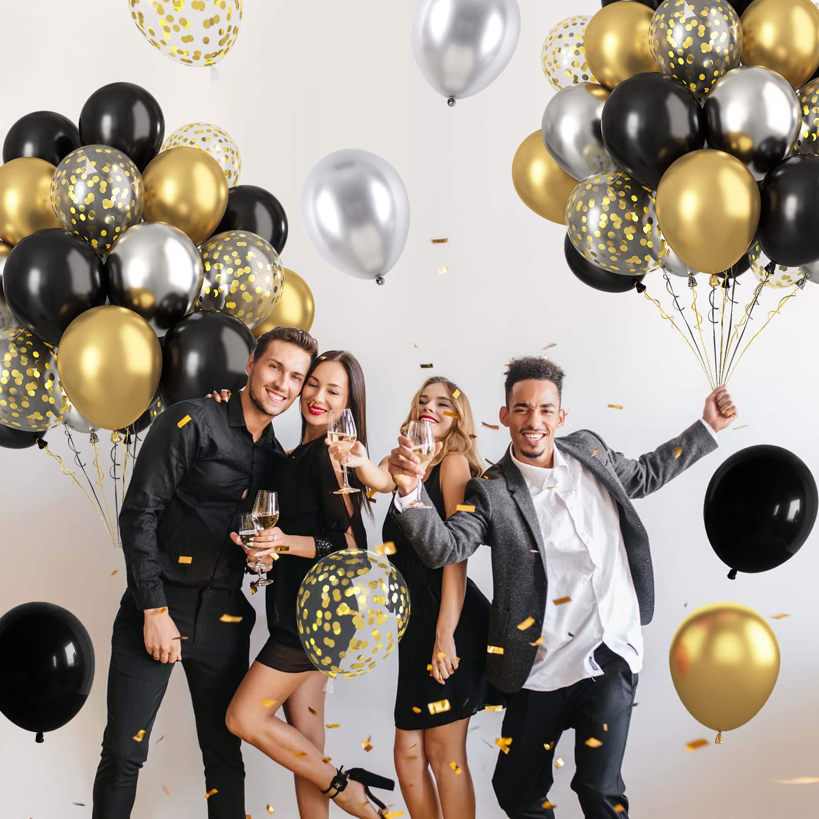 Paready Black and Gold Confetti Balloons – 60+2 Pcs 12in Latex Party Balloons with Ribbons