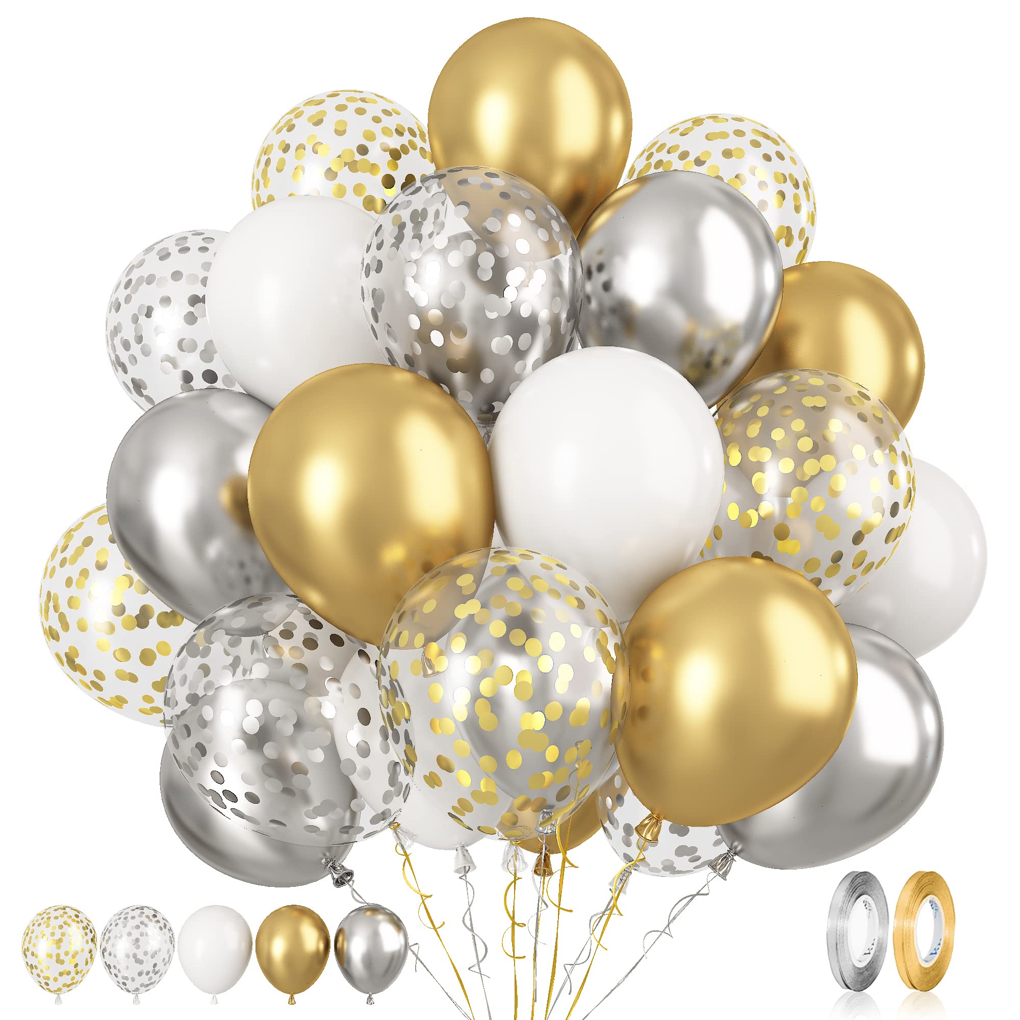 Paready Gold & Silver Latex Balloons – 60 Pcs 12" Confetti Set for Birthday, Wedding & Celebrations