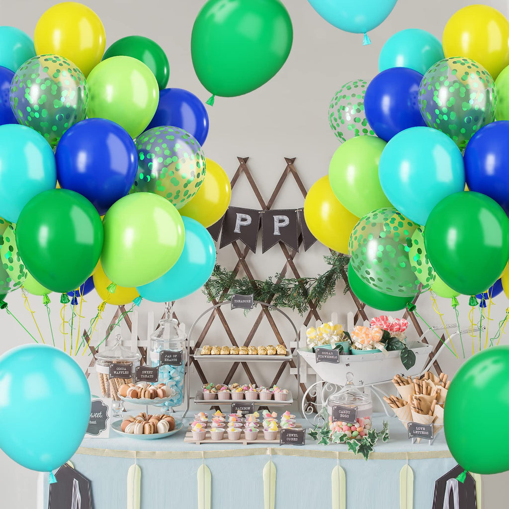 Paready Green & Blue Balloons – 60 Pcs, 12inch Latex Confetti Balloons for Jungle Dinosaur Party Decor