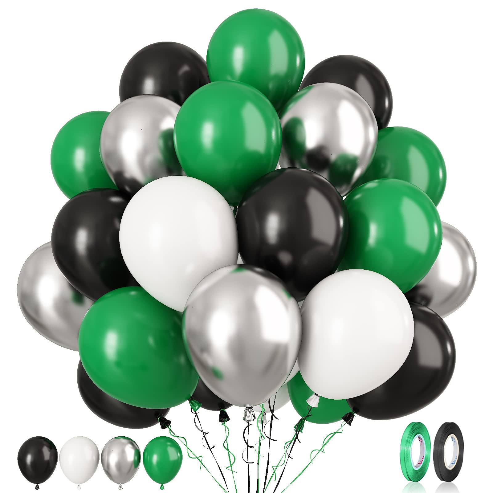 Paready Green Black Silver Balloons – 60 Pcs 12 Inch Latex Party Balloons for Video Game, Football, Birthday, Baby Shower