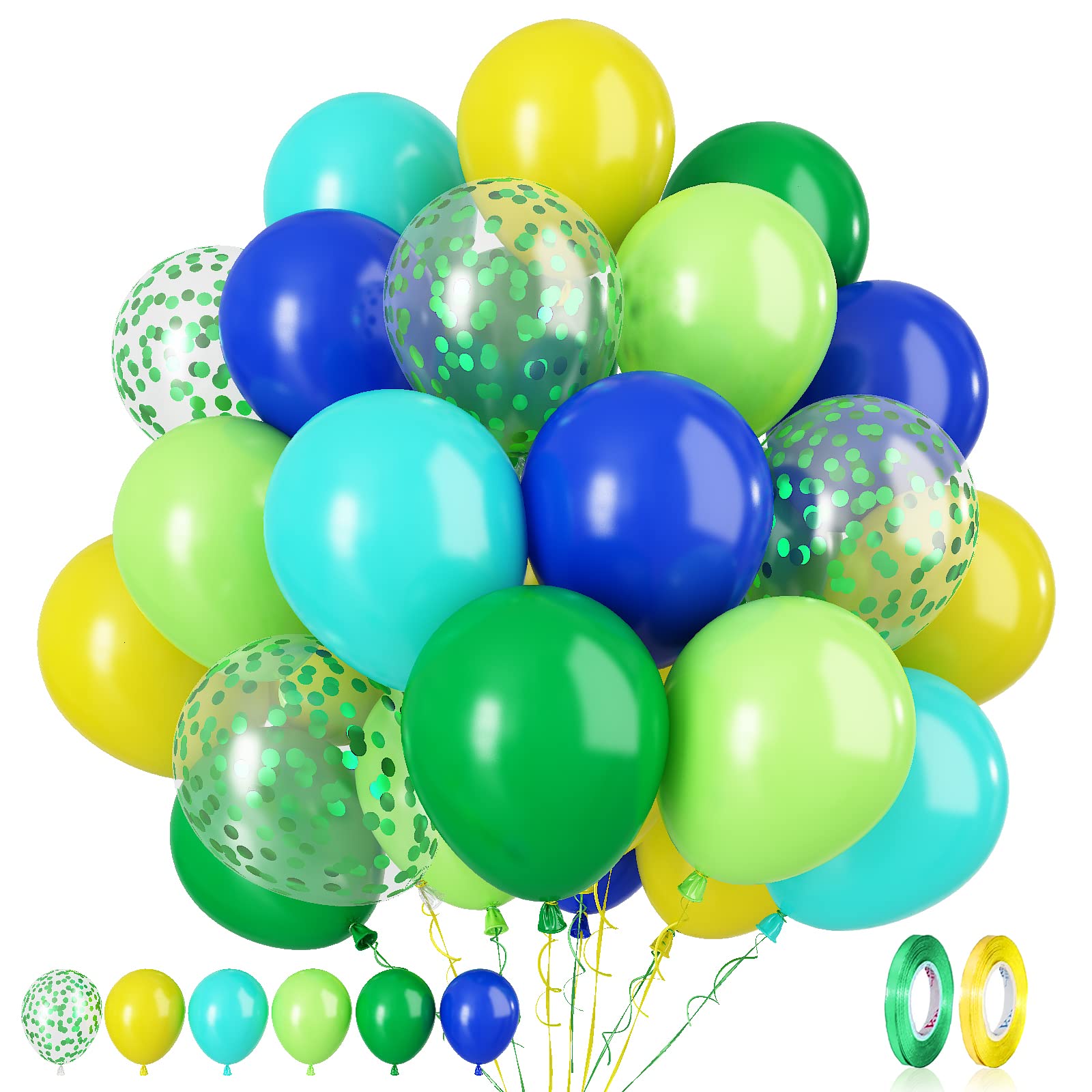 Paready Green & Blue Balloons – 60 Pcs, 12inch Latex Confetti Balloons for Jungle Dinosaur Party Decor