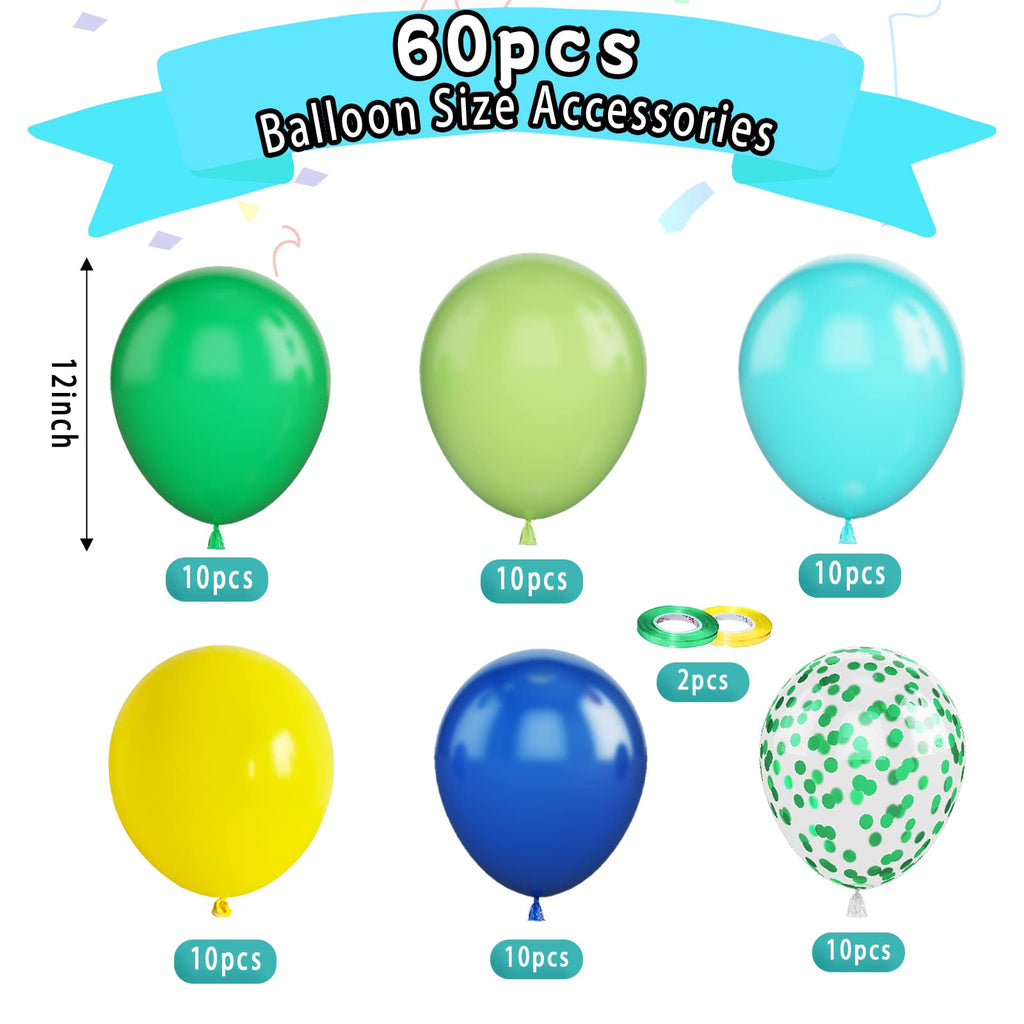 Paready Green & Blue Balloons – 60 Pcs, 12inch Latex Confetti Balloons for Jungle Dinosaur Party Decor