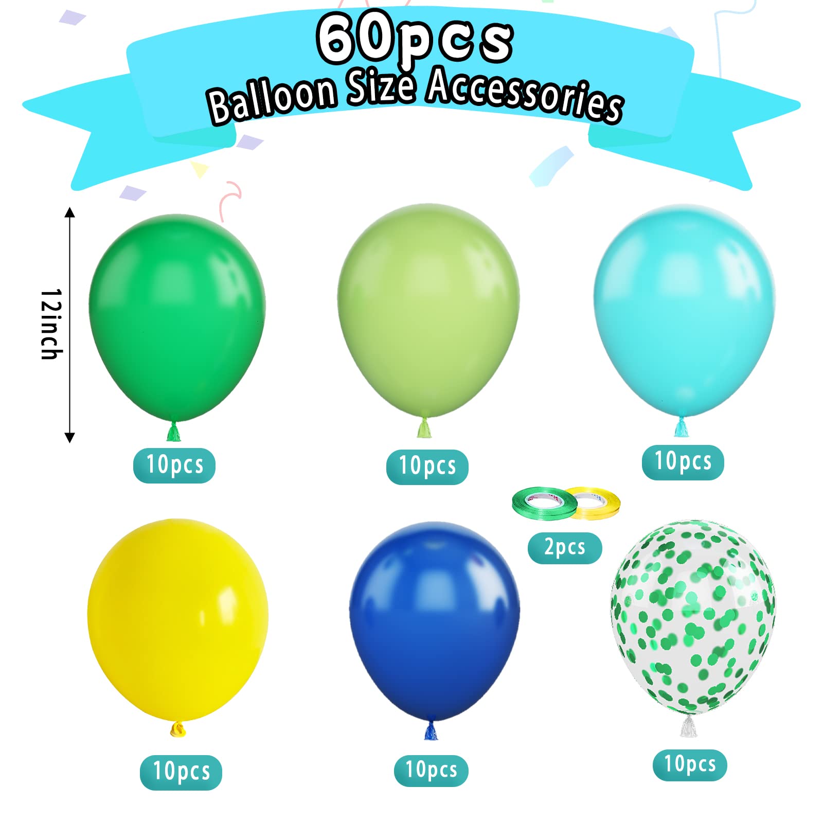 Paready Green & Blue Balloons – 60 Pcs, 12inch Latex Confetti Balloons for Jungle Dinosaur Party Decor