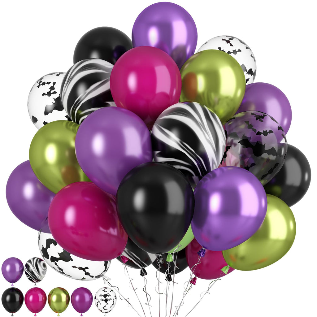 Paready Halloween Balloons Set – 60 Pcs Hot Pink, Black, Green & Purple Metallic Balloons with Bat Print