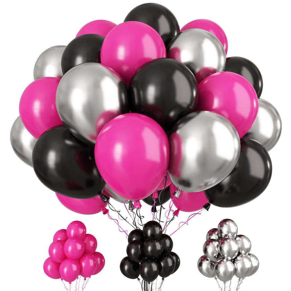 Paready Hot Pink & Black Balloons – 32 Latex Balloons with Ribbons for Parties