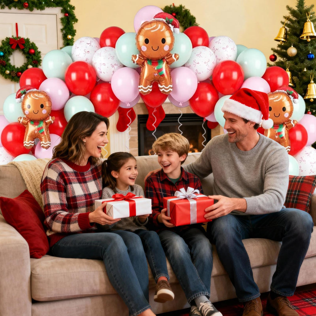 Paready Christmas Balloons 60pcs Pastel Pink, Green & Red with Gingerbread Man Foil