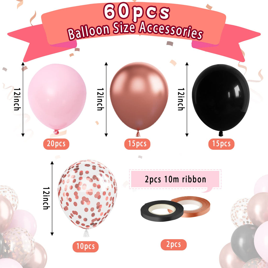 Paready Black Pink Latex Balloons – 60 Pcs, 12-Inch, Metallic Rose Gold & Confetti Set for Party Decor