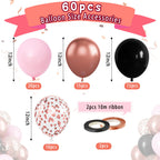 Paready Black Pink Latex Balloons – 60 Pcs, 12-Inch, Metallic Rose Gold & Confetti Set for Party Decor