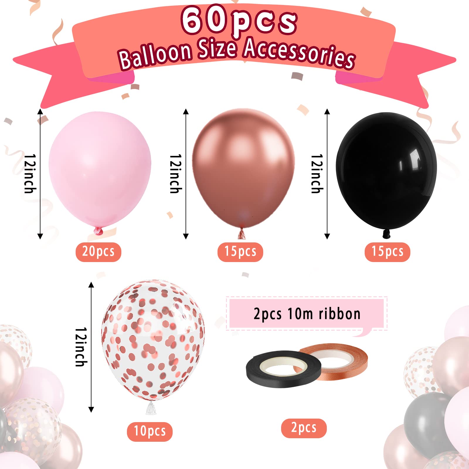 Paready Black Pink Latex Balloons – 60 Pcs, 12-Inch, Metallic Rose Gold & Confetti Set for Party Decor