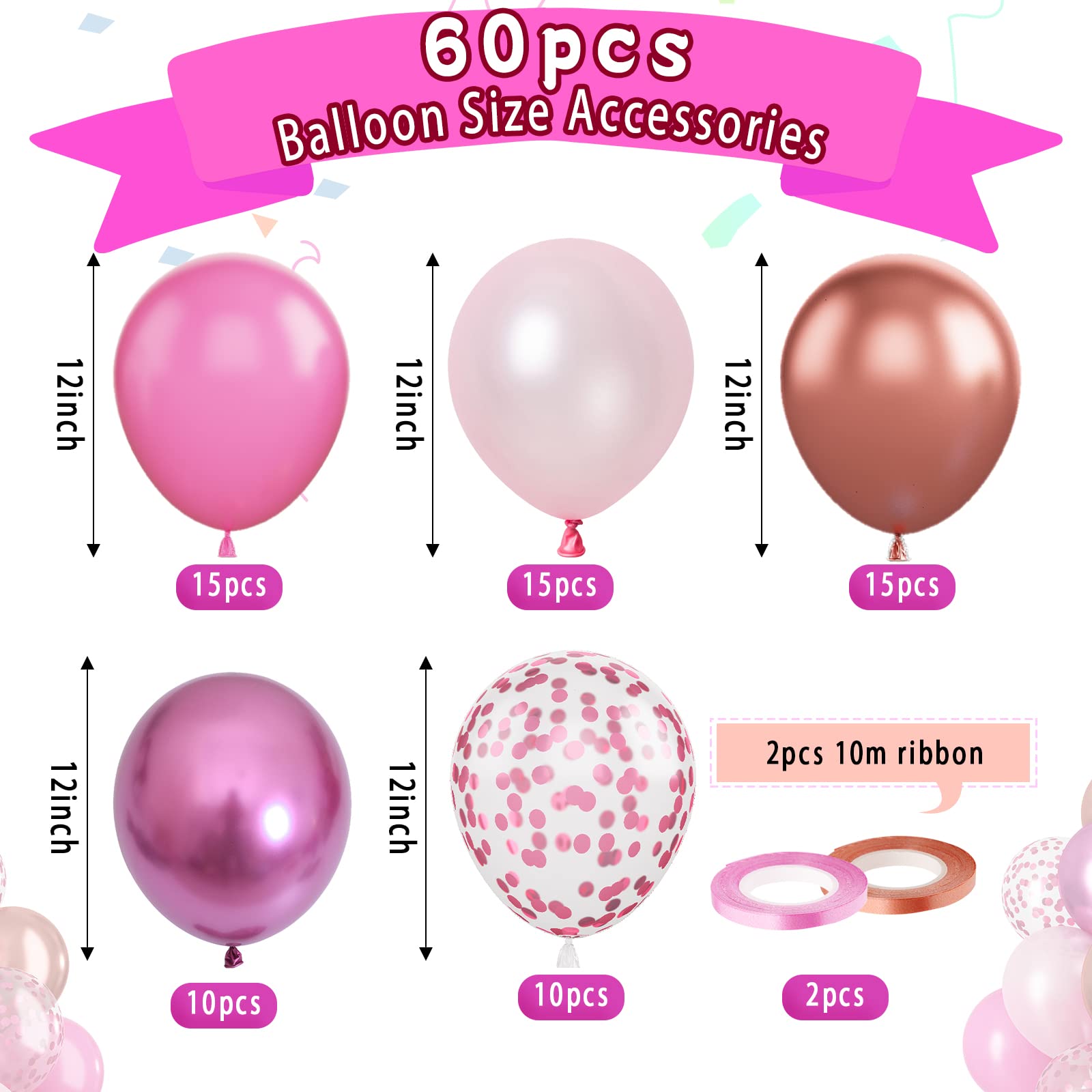 Paready Pink Confetti Balloons – 60 Pcs, 12in, Metallic Red, Rose Gold & Pink for Party Decor