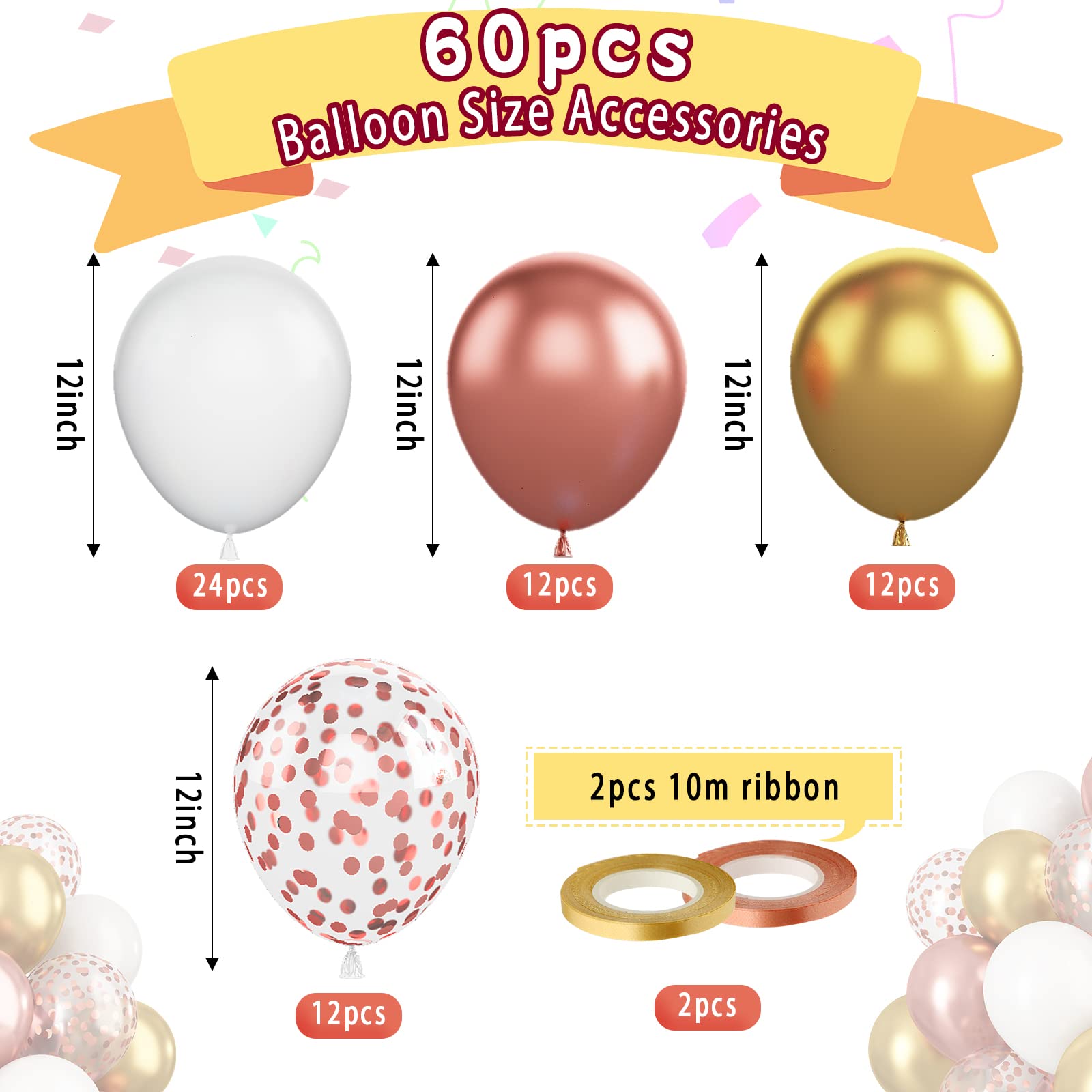 Paready Rose Gold & White Latex Balloons – 62pc 12-inch Confetti Balloons with Ribbons
