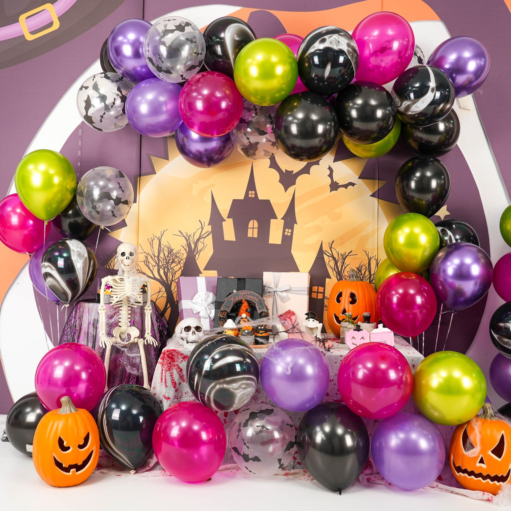 Paready Halloween Balloons Set – 60 Pcs Hot Pink, Black, Green & Purple Metallic Balloons with Bat Print