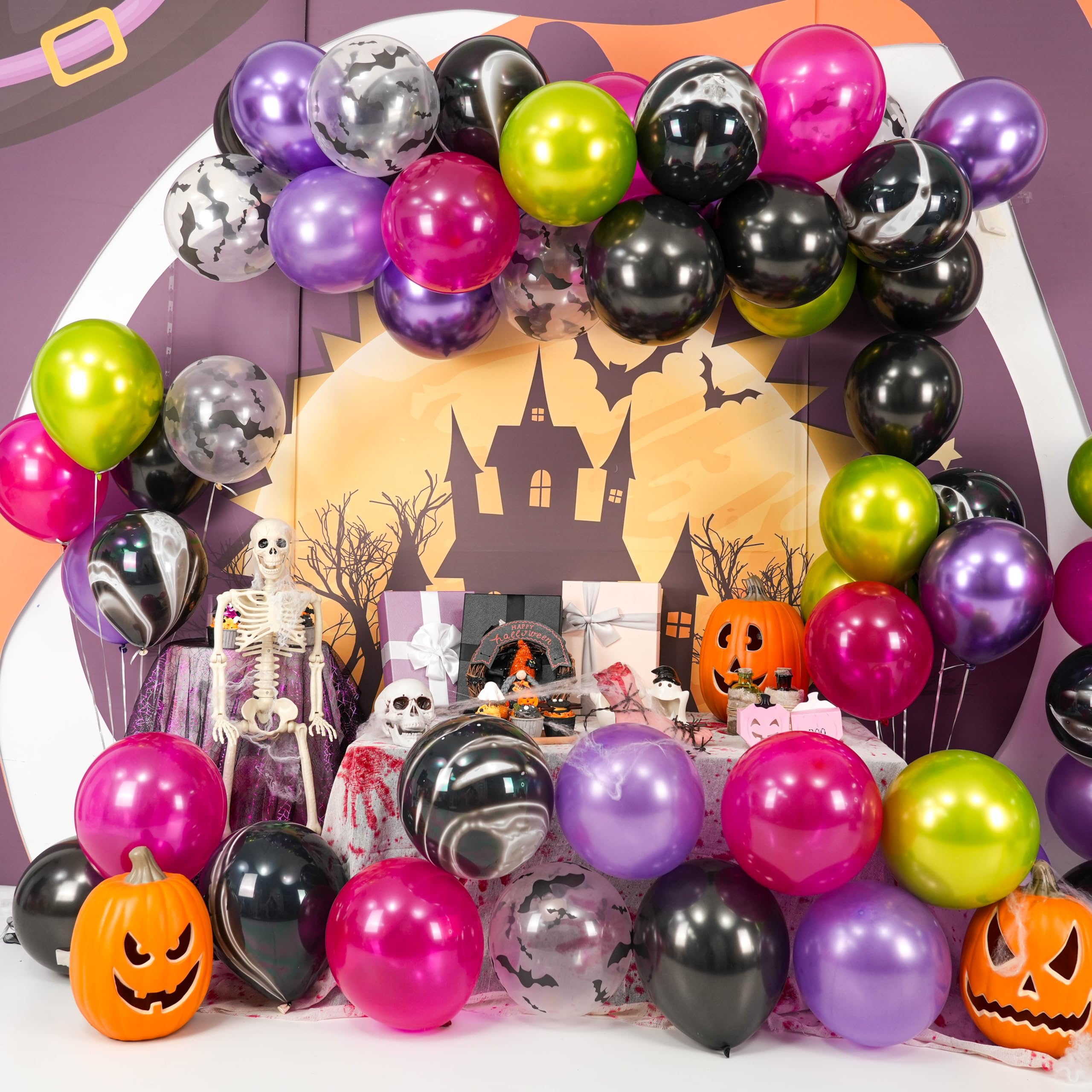 Paready Halloween Balloons Set – 60 Pcs Hot Pink, Black, Green & Purple Metallic Balloons with Bat Print