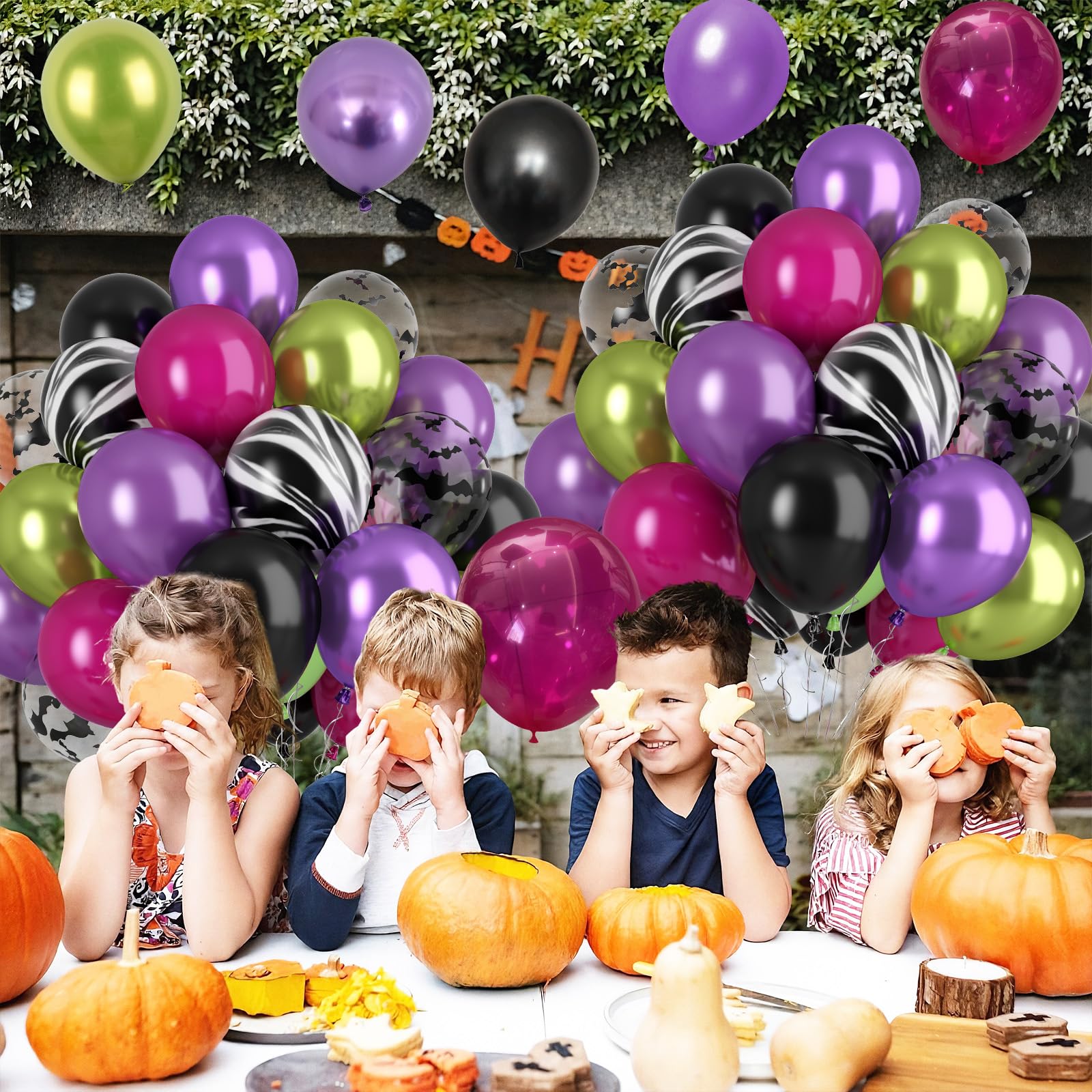Paready Halloween Balloons Set – 60 Pcs Hot Pink, Black, Green & Purple Metallic Balloons with Bat Print