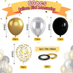 Paready Black and Gold Confetti Balloons – 60+2 Pcs 12in Latex Party Balloons with Ribbons