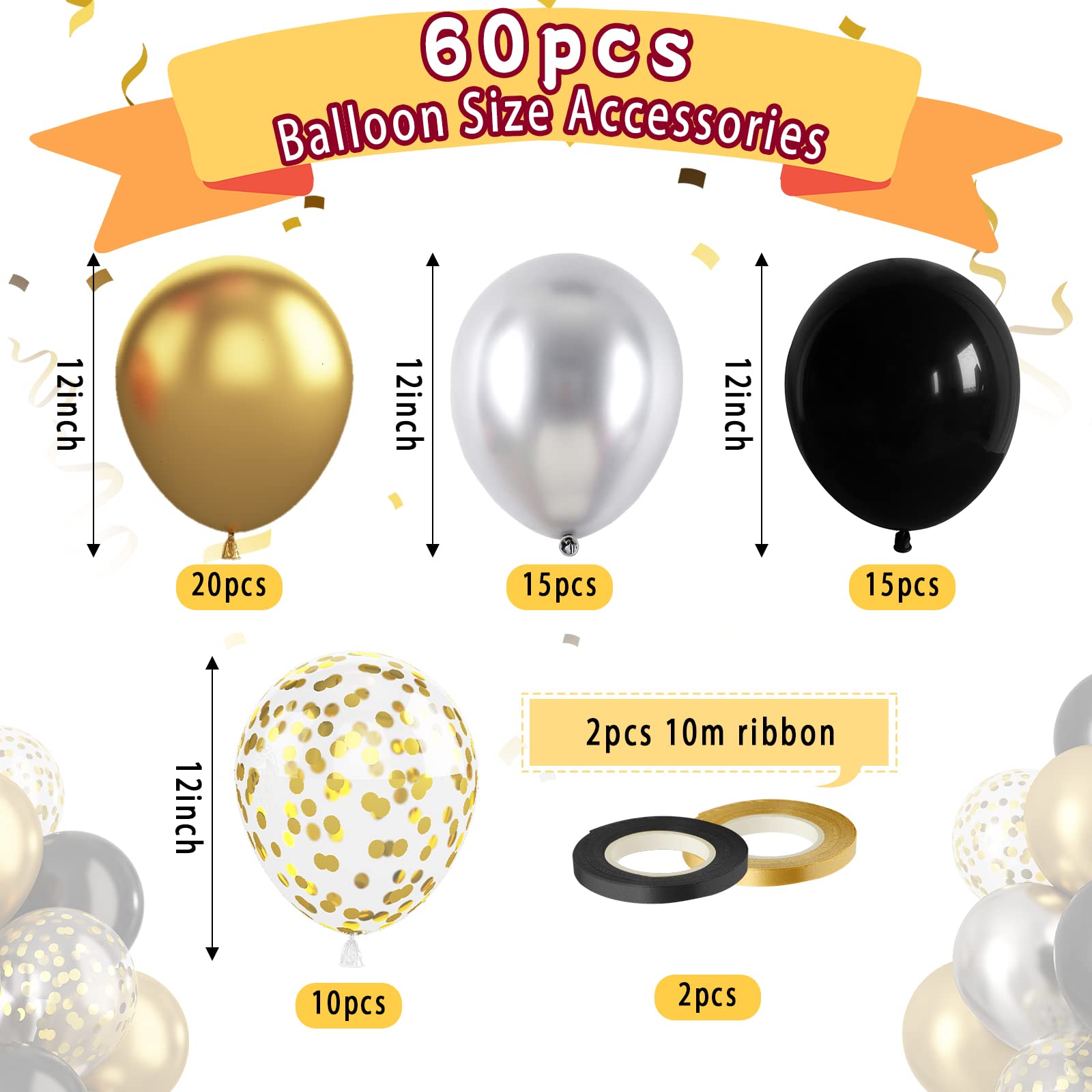Paready Black and Gold Confetti Balloons – 60+2 Pcs 12in Latex Party Balloons with Ribbons