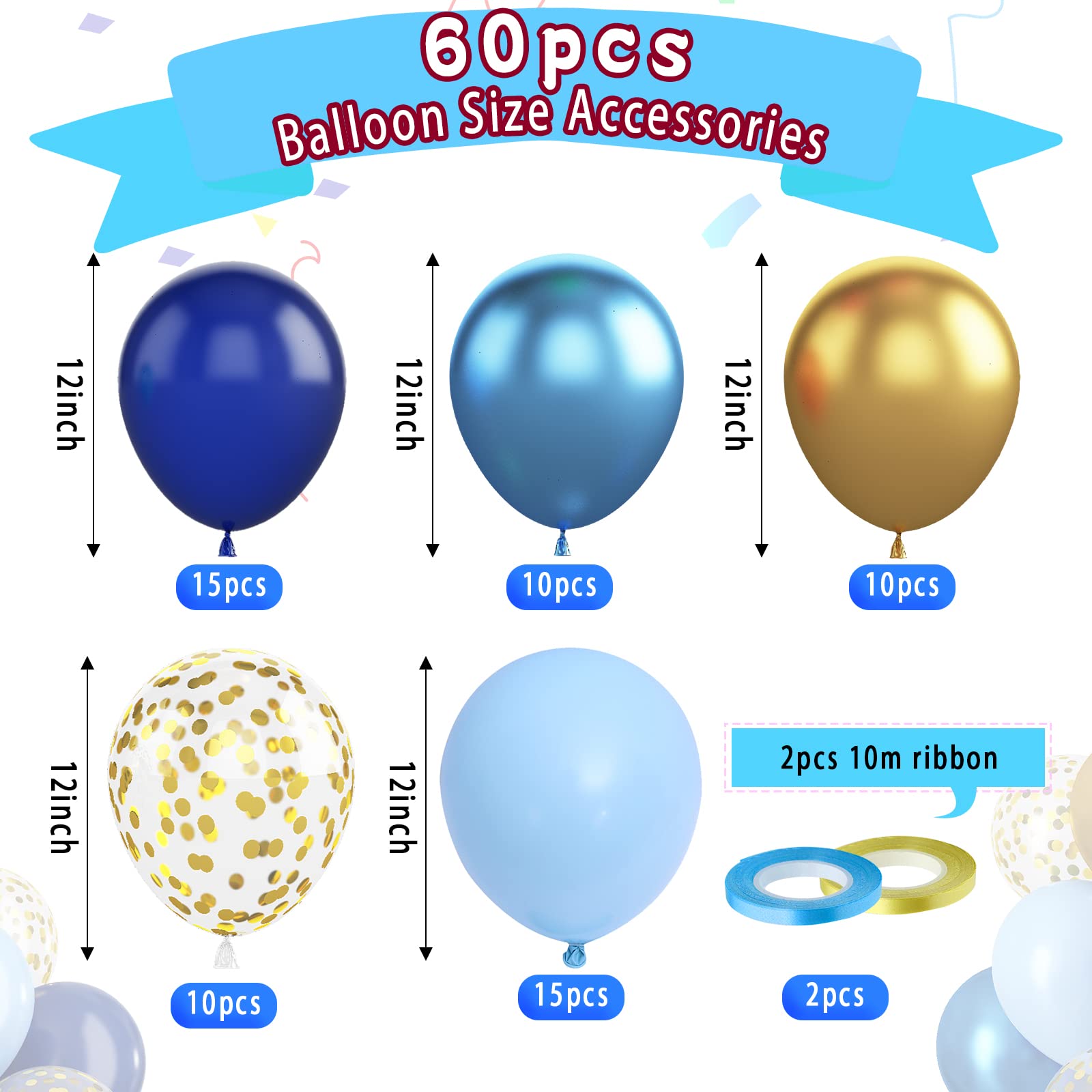 Paready Blue & Gold Confetti Balloons – 60 Pcs, 12in Navy & Metallic Gold Latex Party Decor