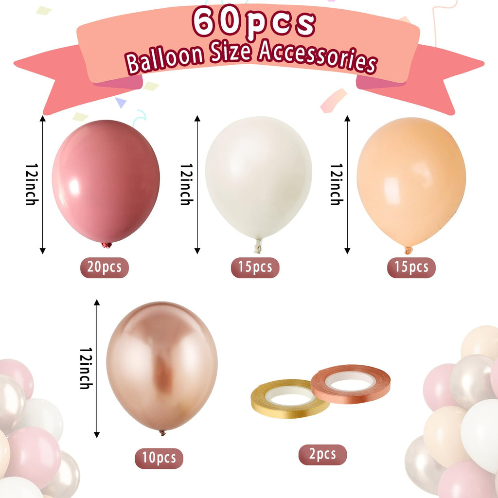 Paready Dusty Pink Latex Balloons – 60 Pcs, 12 Inch Nude, Dusty Pink, Sand White & Champagne Gold for Weddings & Parties