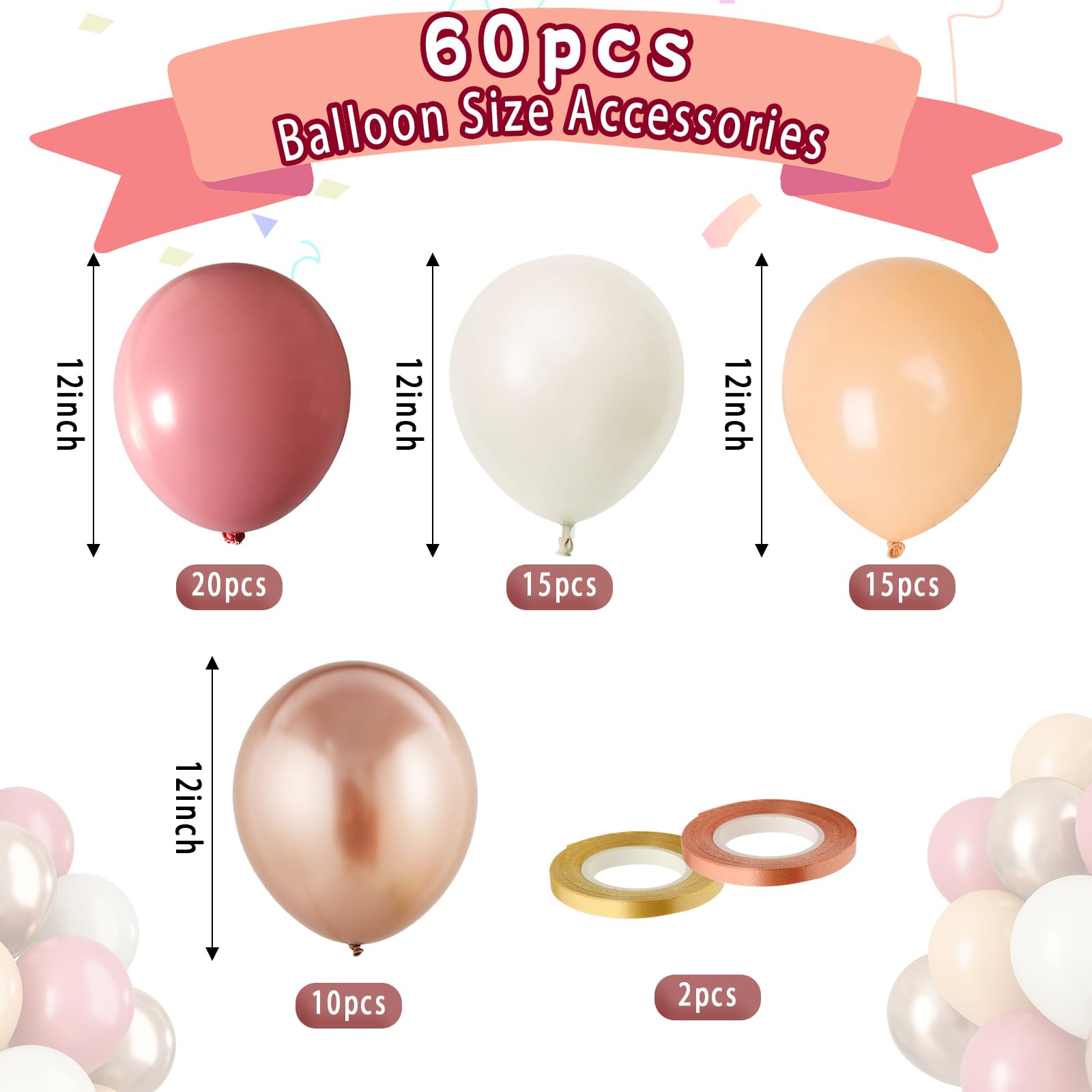Paready Dusty Pink Latex Balloons – 60 Pcs, 12 Inch Nude, Dusty Pink, Sand White & Champagne Gold for Weddings & Parties