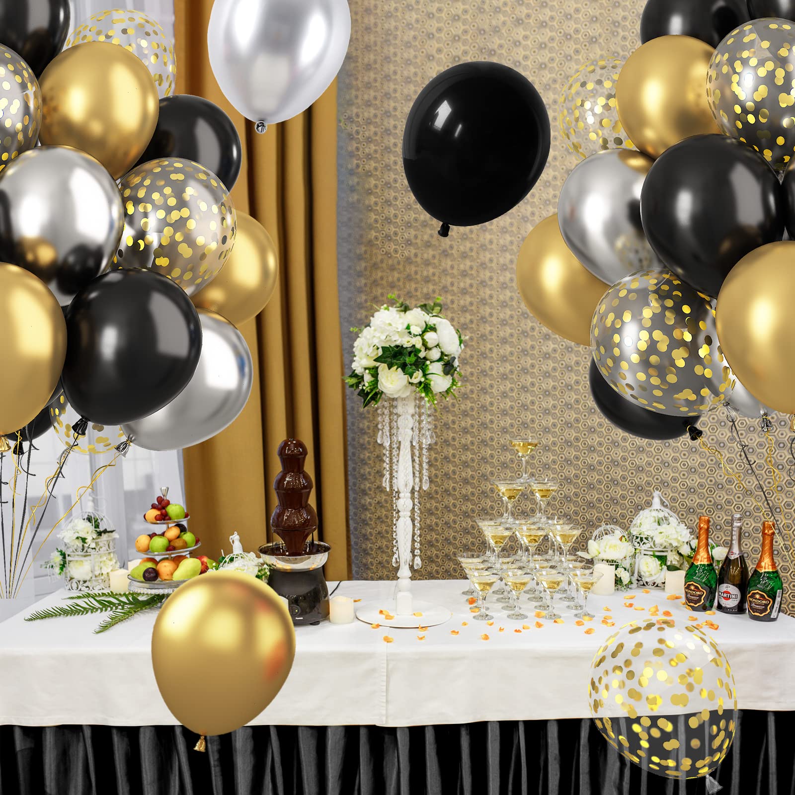 Paready Black and Gold Confetti Balloons – 60+2 Pcs 12in Latex Party Balloons with Ribbons
