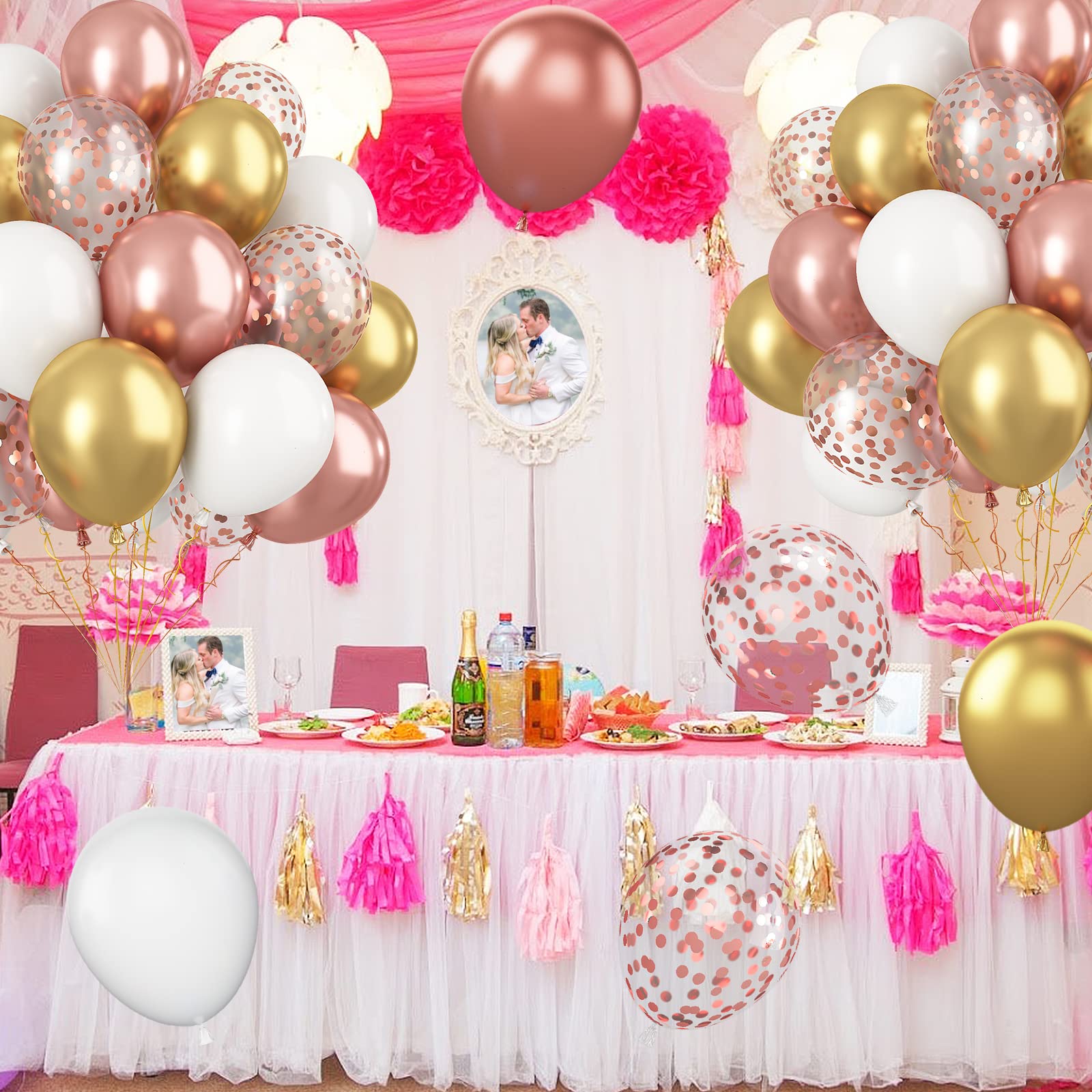 Paready Rose Gold & White Latex Balloons – 62pc 12-inch Confetti Balloons with Ribbons