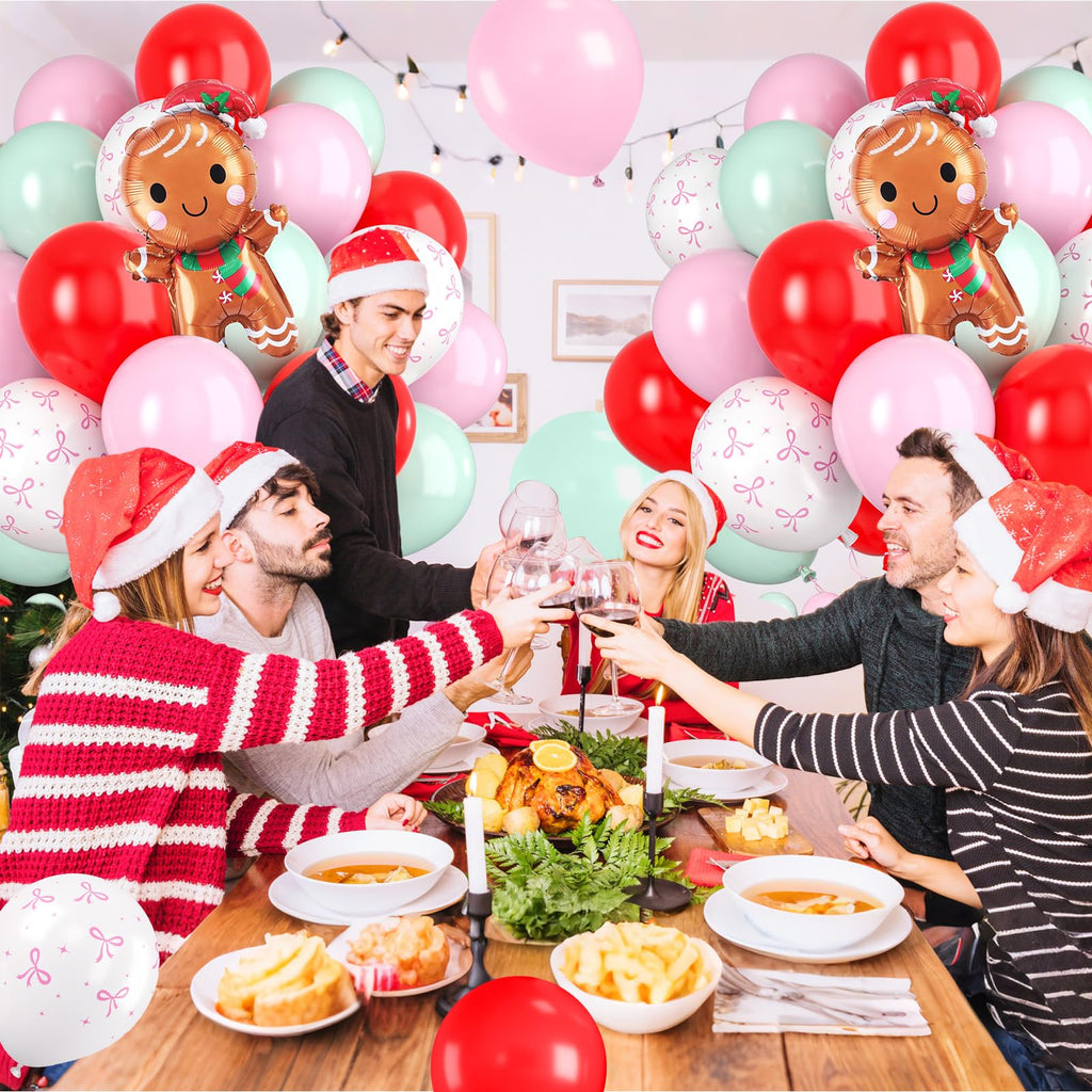 Paready Christmas Balloons 60pcs Pastel Pink, Green & Red with Gingerbread Man Foil