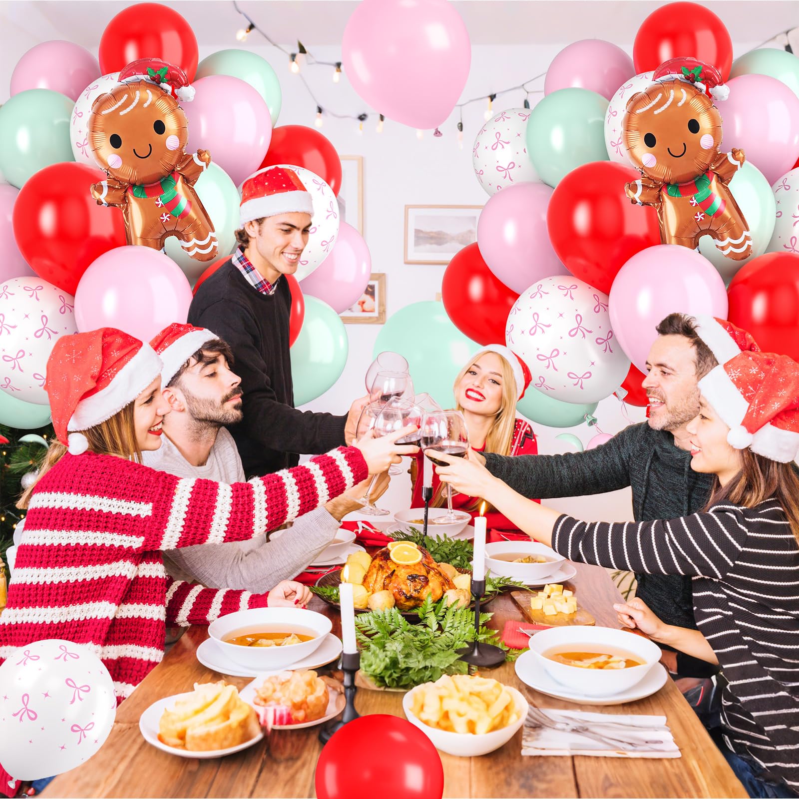 Paready Christmas Balloons 60pcs Pastel Pink, Green & Red with Gingerbread Man Foil