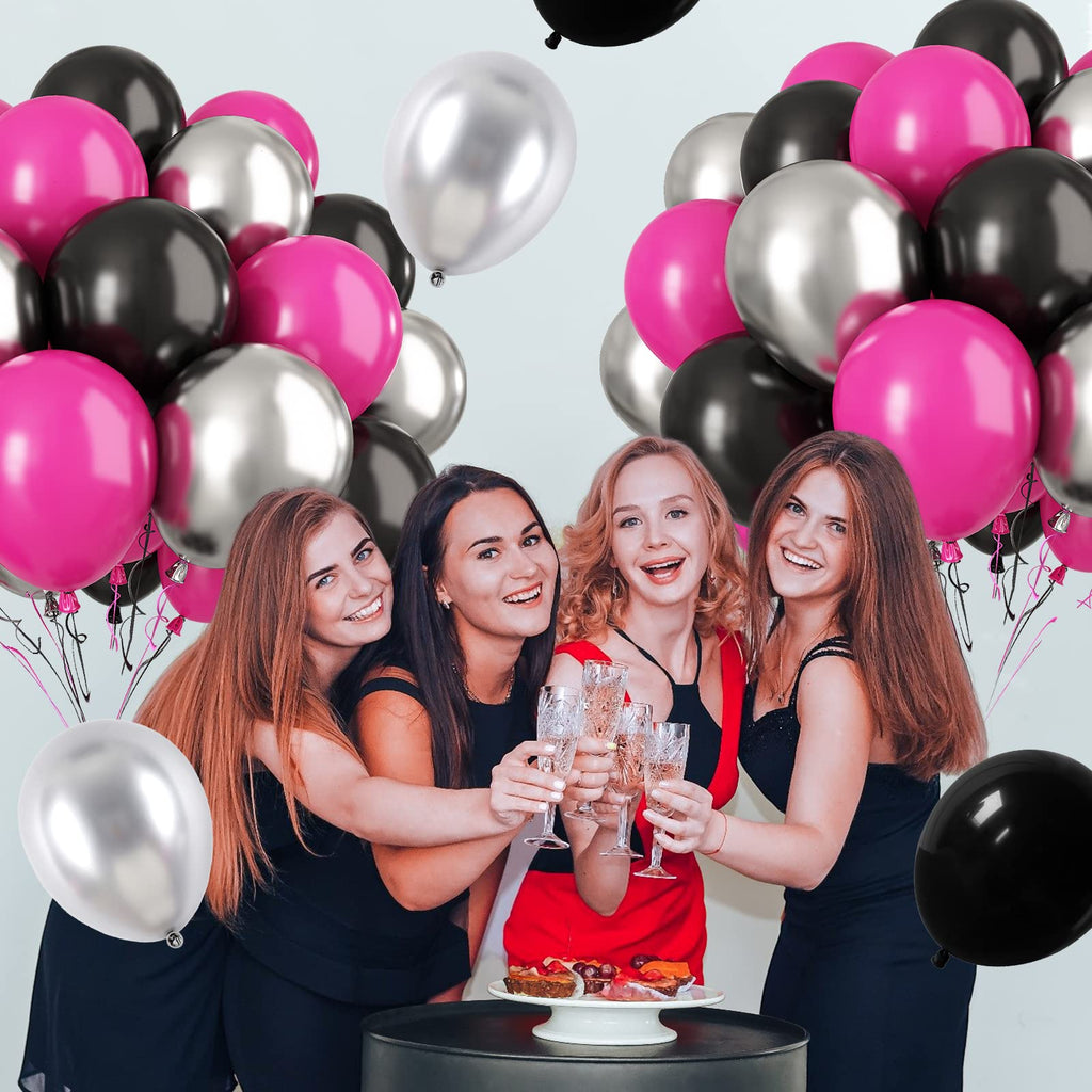 Paready Hot Pink & Black Balloons – 32 Latex Balloons with Ribbons for Parties