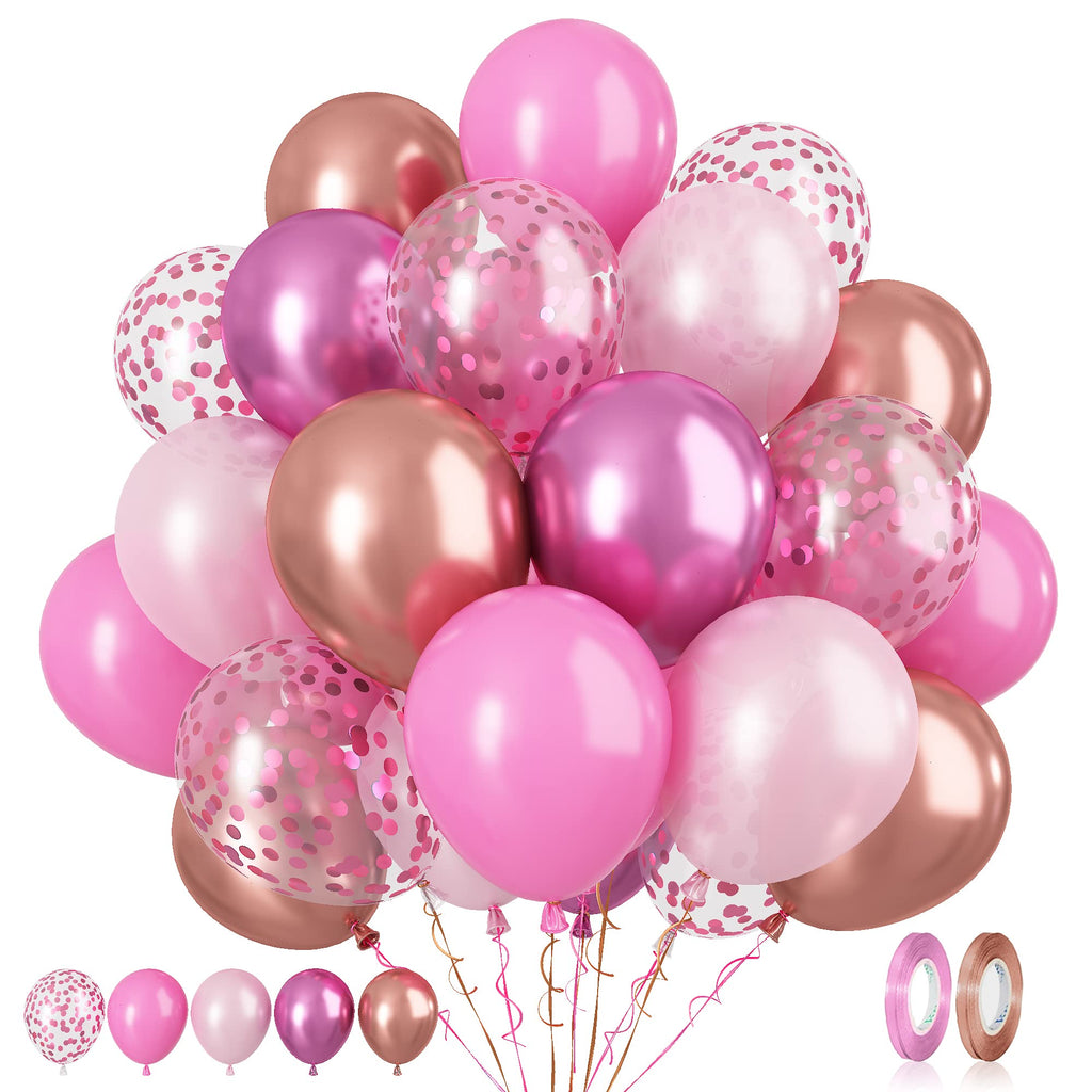 Paready Pink Confetti Balloons – 60 Pcs, 12in, Metallic Red, Rose Gold & Pink for Party Decor