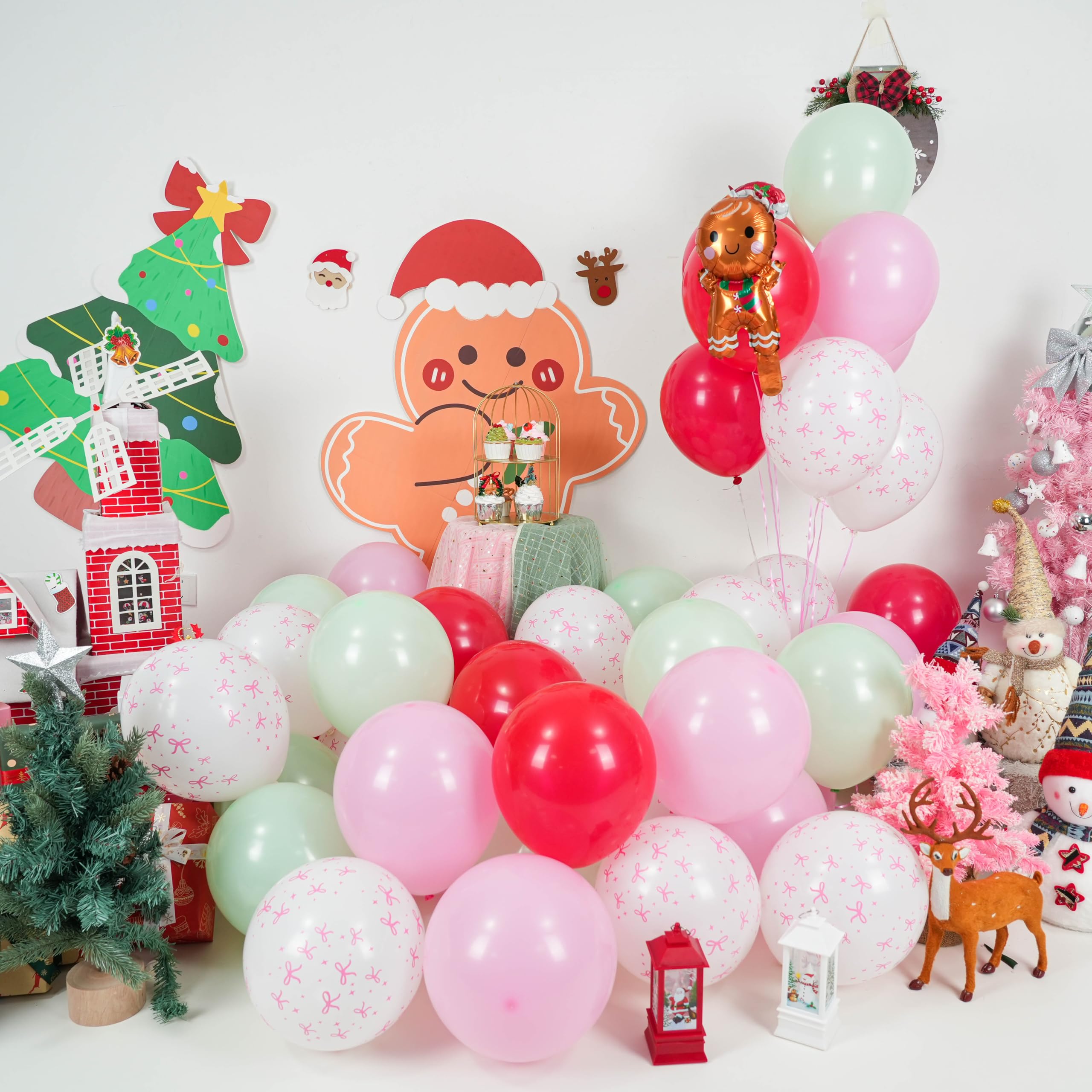 Paready Christmas Balloons 60pcs Pastel Pink, Green & Red with Gingerbread Man Foil