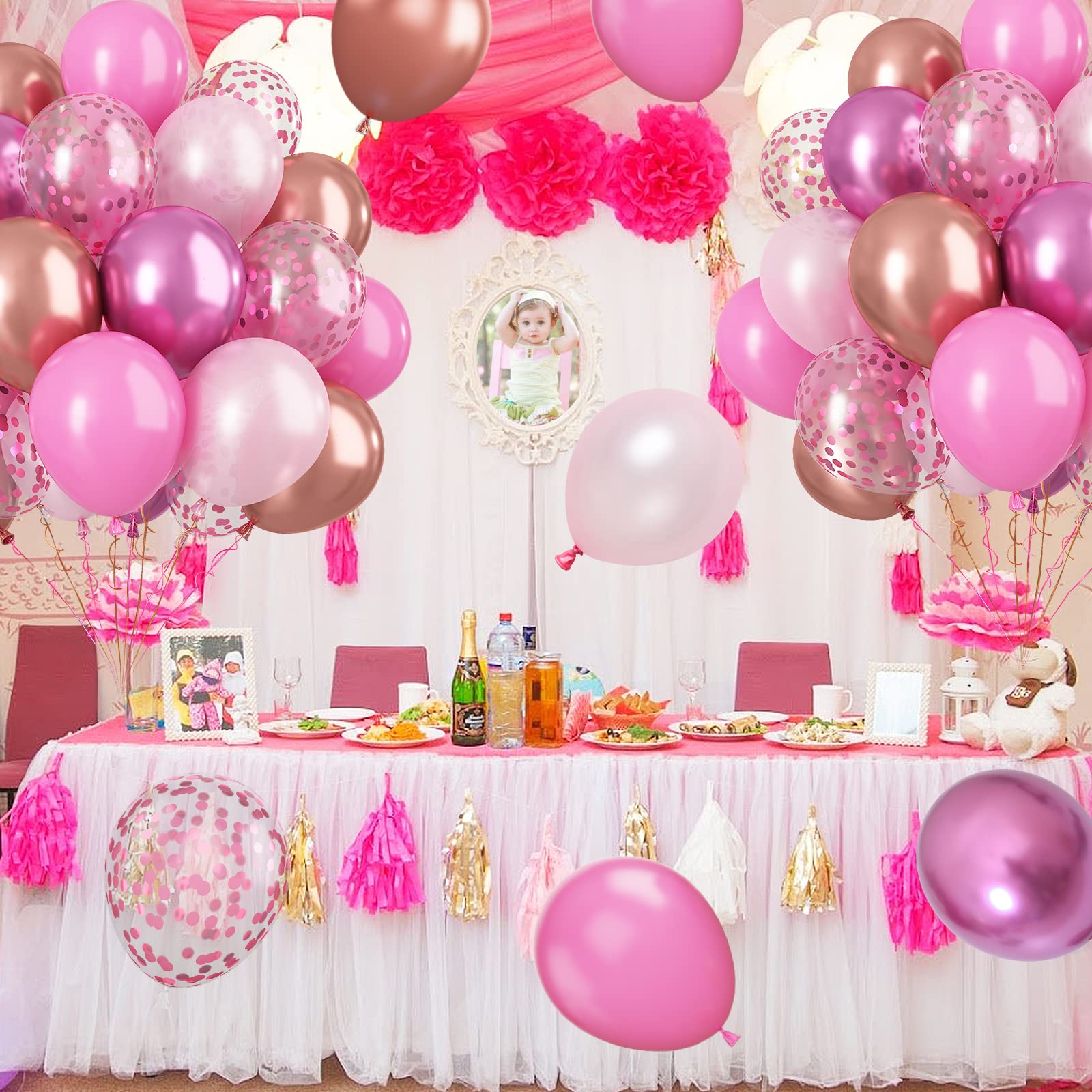 Paready Pink Confetti Balloons – 60 Pcs, 12in, Metallic Red, Rose Gold & Pink for Party Decor