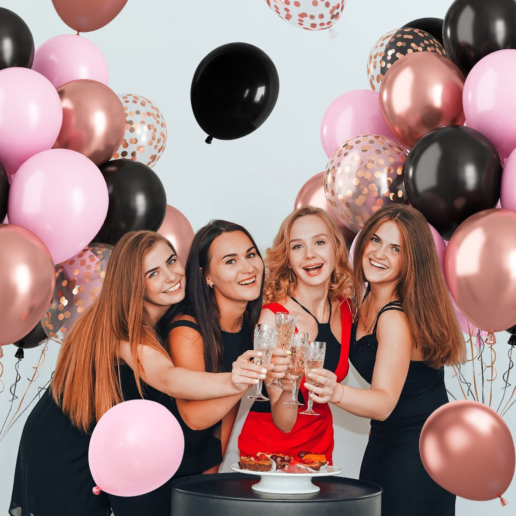 Paready Black Pink Latex Balloons – 60 Pcs, 12-Inch, Metallic Rose Gold & Confetti Set for Party Decor